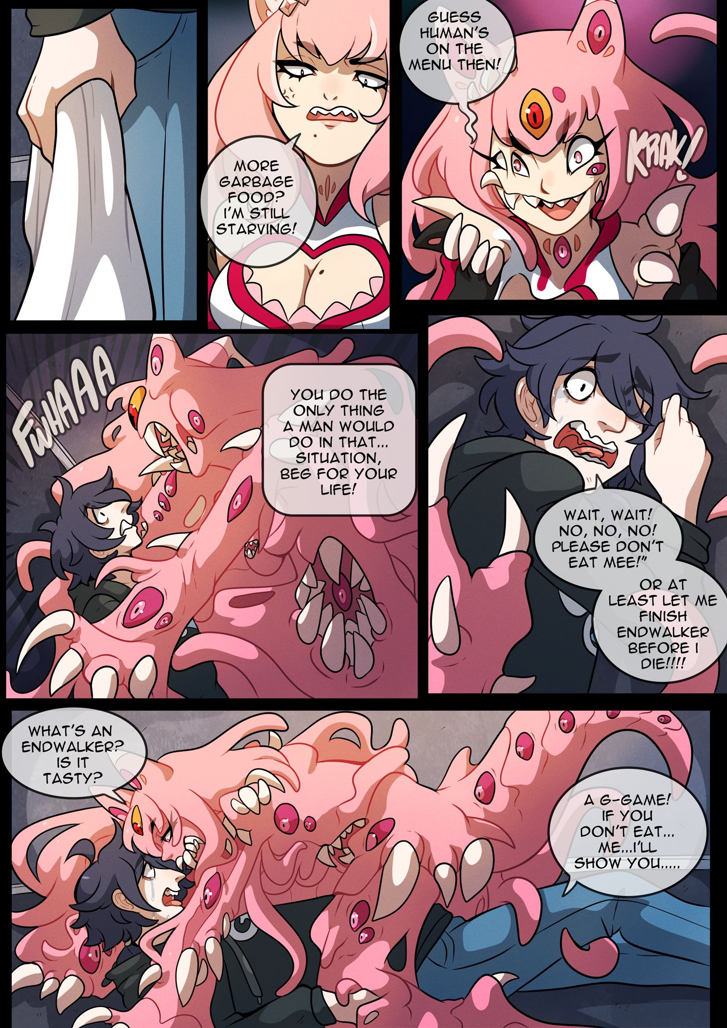 1boy, 1girls, alien, alien girl, alien humanoid, animal ears, black hair, cat ears, character request, comic, female, heterochromia, kinkymation, light blue eyes, lilyggoth (kinkymation), male, multicolored hair, original, original character, pink eyes, pink hair, red eyes, shapeshifter, sharp teeth, shoggoth, tagme