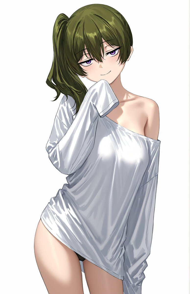 bedroom_eyes black_panties exposed_shoulders green_hair panties shoulder_exposed sousou_no_frieren teasing ubel_(sousou_no_frieren) white_shirt