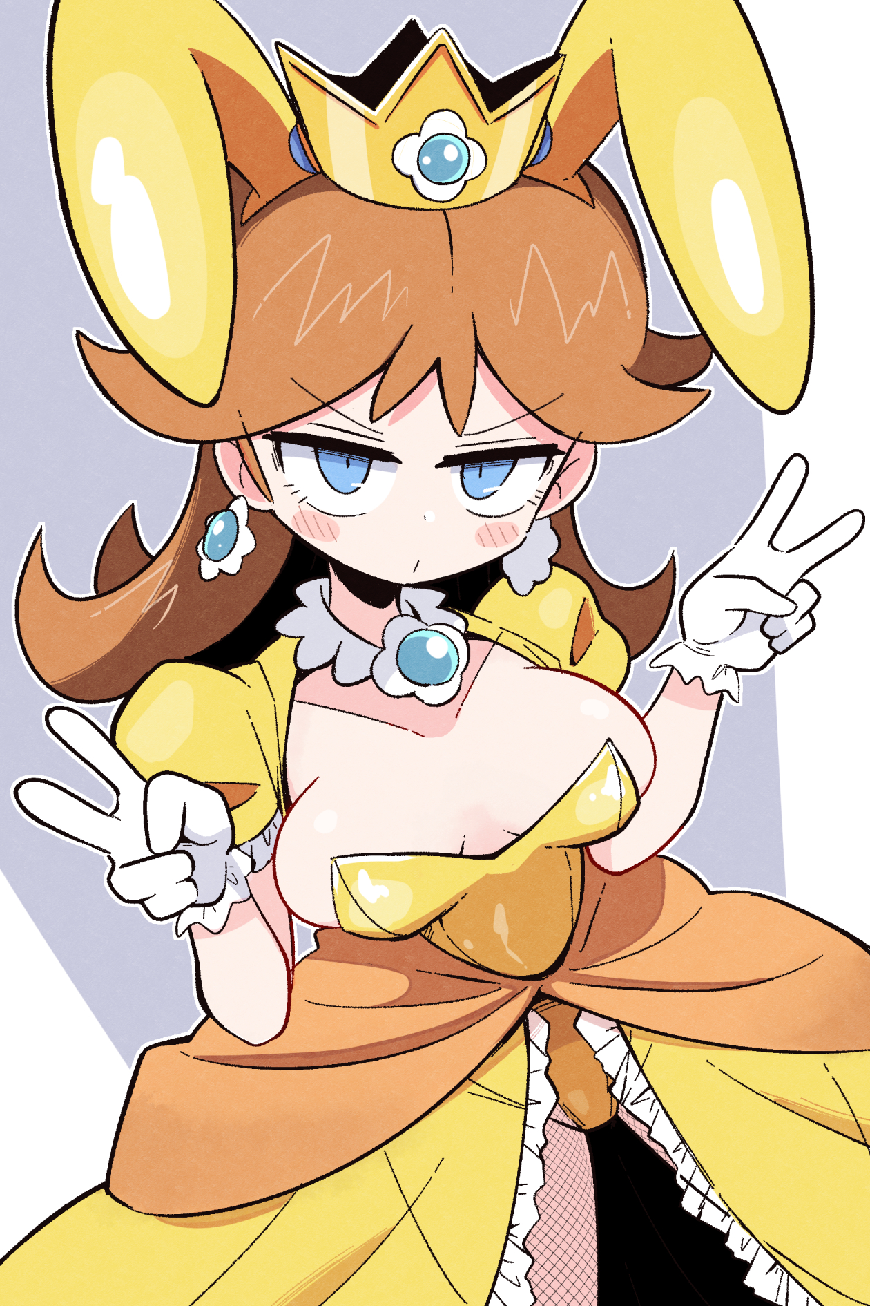 1girls, adapted costume, blue eyes, breasts, brown hair, bunny daisy, bunny ears, bunnysuit, earrings, female, flower earrings, highres, kurachi mizuki, leotard, looking at viewer, mario (series), medium breasts, nintendo, playboy bunny, princess daisy, short hair, solo, super mario land, super mario land 2