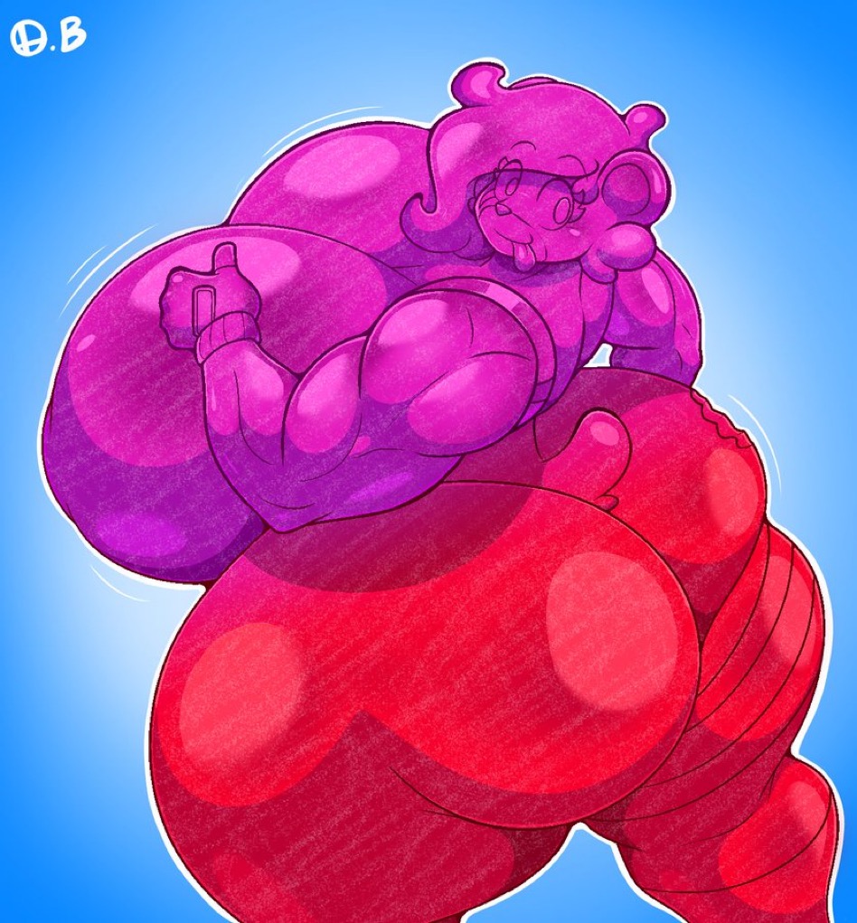 bear bear_ears bear_girl bear_tail biceps big_ass big_breasts big_butt big_muscles big_thighs bite bite_mark bite_mark_on_ass blue_background fingerless_gloves gummi_team_leader gummi_team_leader_(fortnite) gummy gummy_(food) gummy_bear_(food) gummy_creature half_and_half huge_ass huge_breasts huge_butt huge_thighs jiggle meggy_(omegabrawl) messy_hair muscular muscular_anthro muscular_arms muscular_female muscular_legs muscular_thighs omegabrawl pink_and_red_hair pink_arms pink_body pink_breasts pink_eyes pink_hair red_ass red_body red_legs straps tongue tongue_out voluptuous voluptuous_anthro voluptuous_ass voluptuous_body voluptuous_female