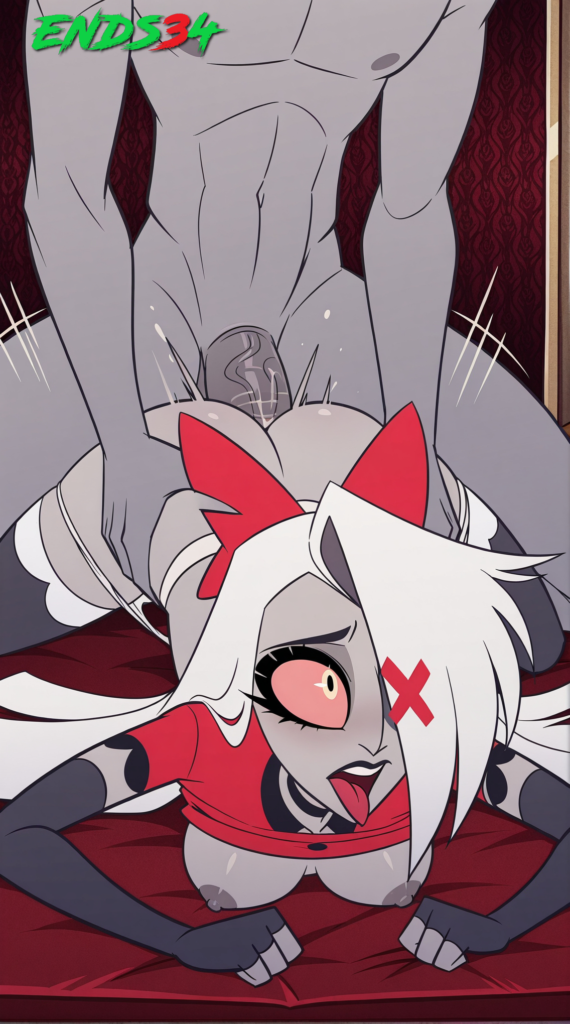 ai generated, breasts, ends34, female, female focus, fit female, hazbin hotel, male, medium breasts, open mouth, penis, sex, vaggie (hazbin hotel)