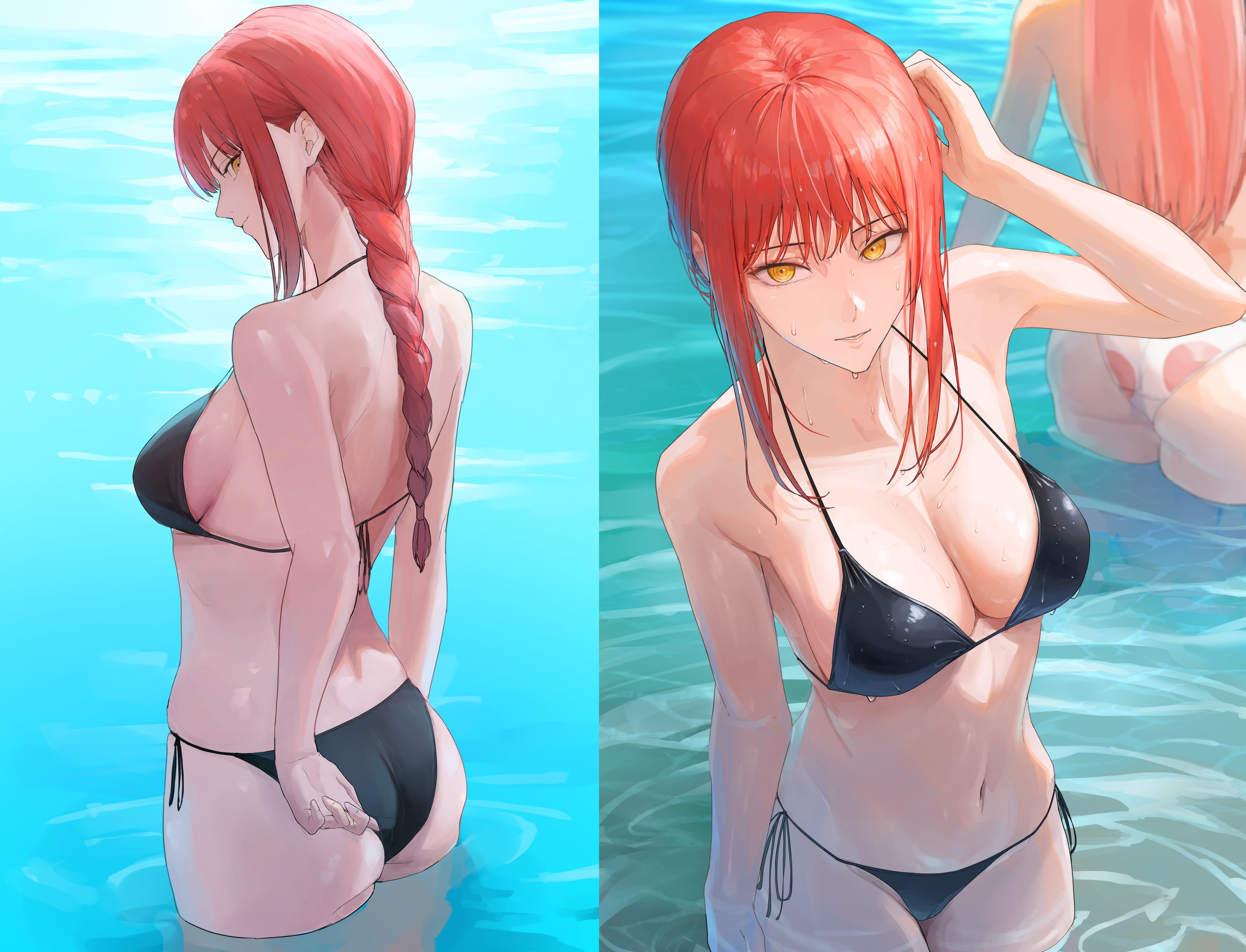 ano (gccx8784), ass, belly, bikini, black bikini, chainsaw man, female, looking at viewer, makima (chainsaw man), power (chainsaw man), red hair, swimsuit, swimwear, thighs