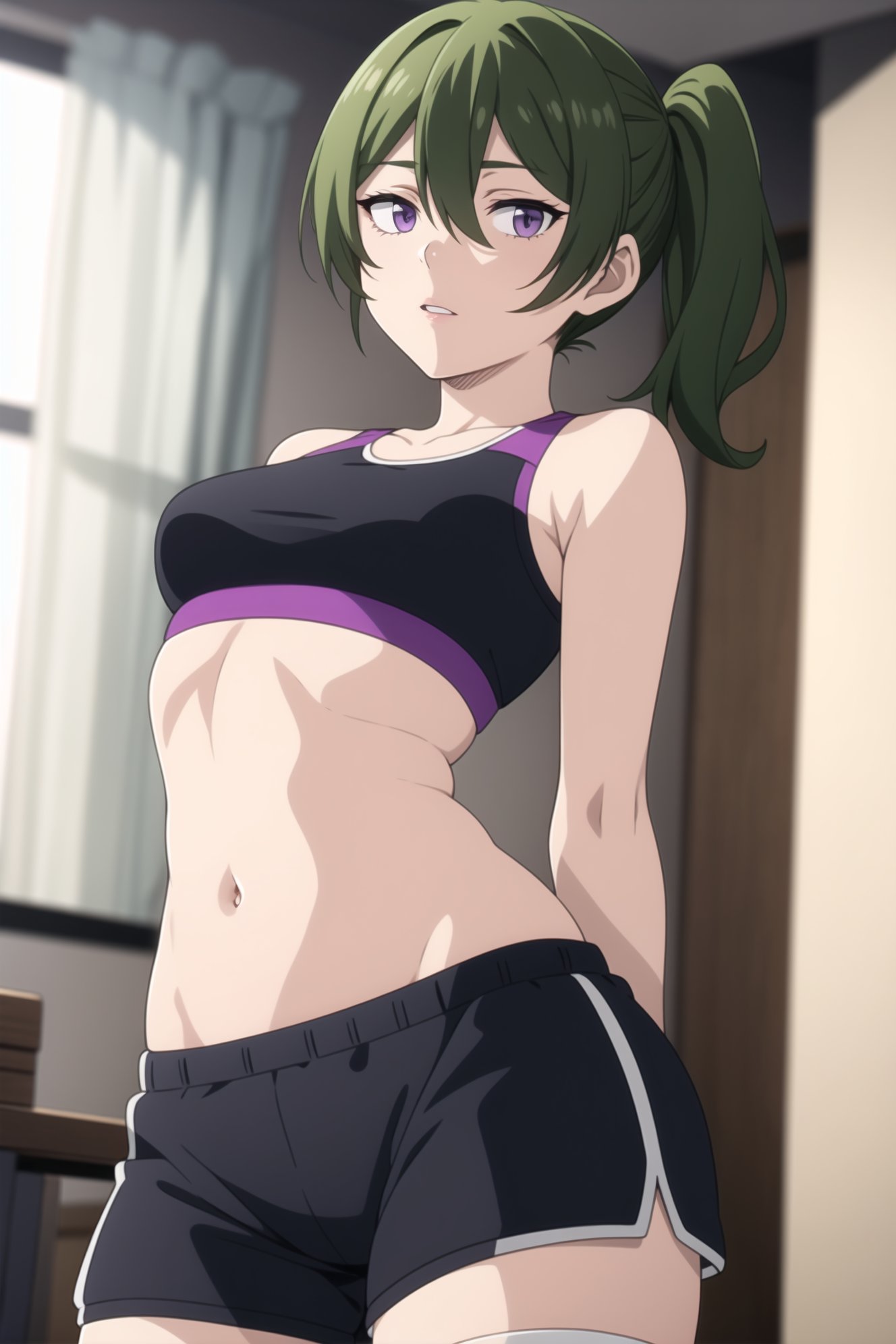 ai_generated belly belly_button green_hair sousou_no_frieren sports_bra sports_shorts stomach ubel_(sousou_no_frieren) workout_clothes