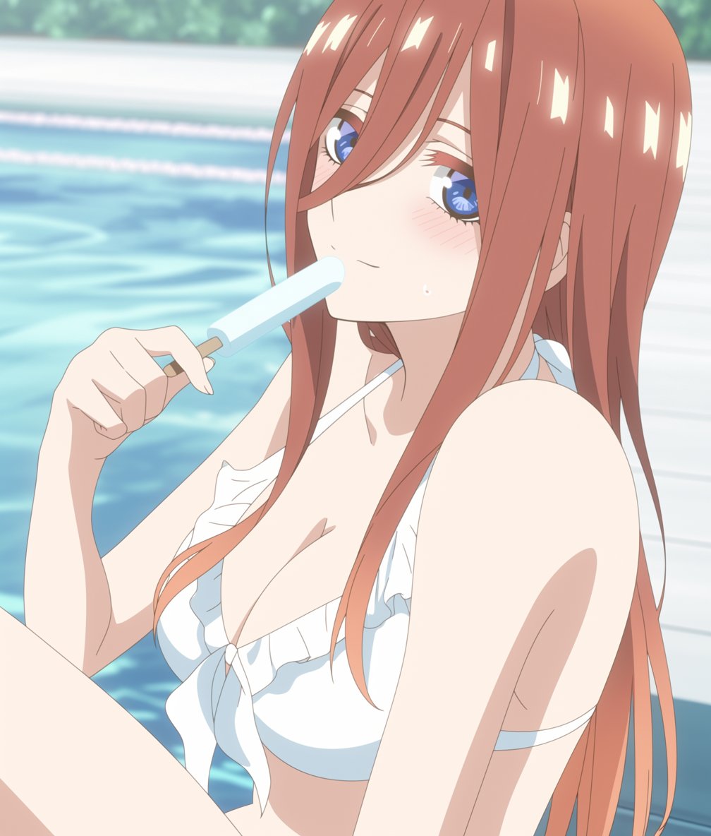 blue_eyes blush breasts brown_hair busty go-toubun_no_hanayome nakano_miku pool poolside popsicle water white_swimsuit