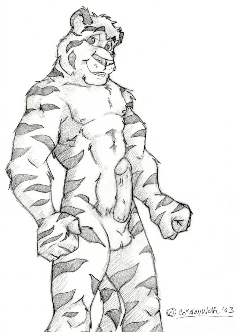 1boy 2003 abs anthro cameronwolfe erection feline fur furry male male_only monochrome pecs penis pose solo tiger