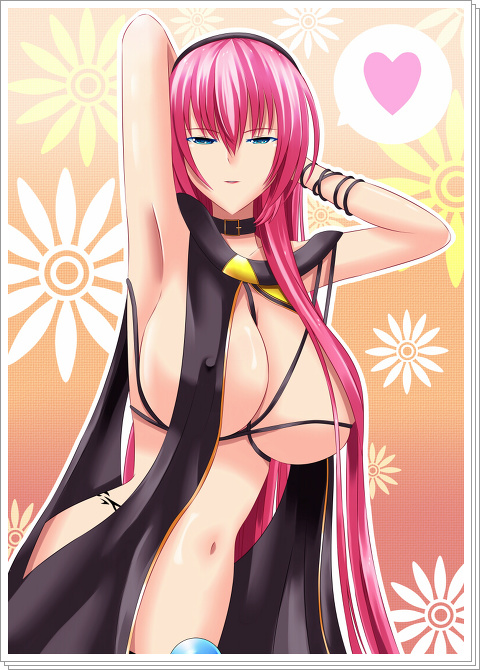 alternate_costume blue_eyes breasts choker costume eyebrows_visible_through_hair heart huge_breasts lily_(vocaloid) megurine_luka nipples_visible_through_clothing pink_hair revealing_clothes speech_bubble tagme tattoo vocaloid