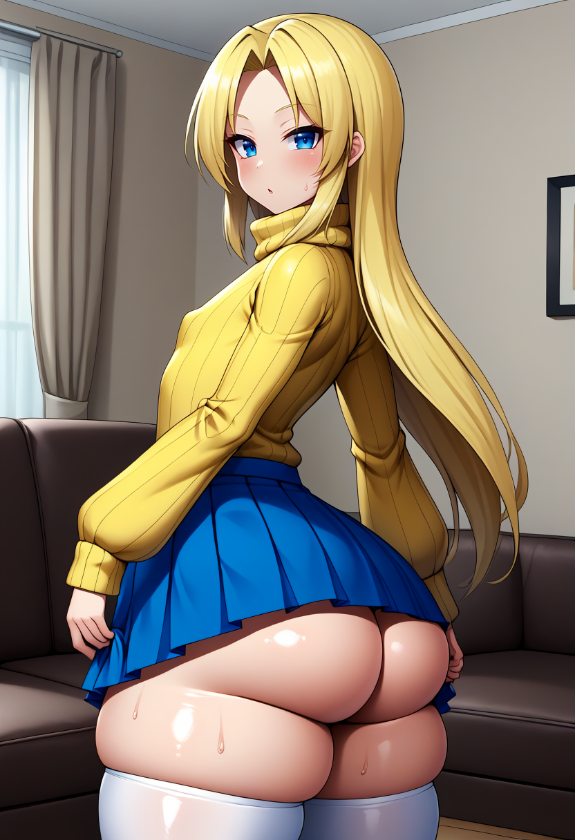 1boy ass bangs blonde_hair blue_eyes blush crossdressing eyebrows_visible_through_hair forehead from_behind huge_ass indoors long_hair long_sleeves looking_at_viewer looking_back no_panties parted_bangs pleated_skirt ribbed_sweater shiny_skin skindentation skirt solo sweat sweater thick_thighs thighhighs thighs turtleneck turtleneck_sweater white_legwear