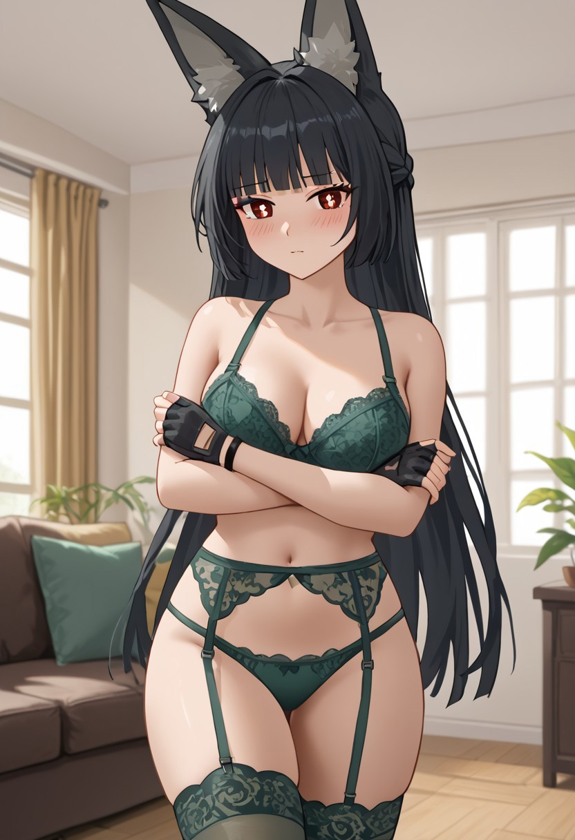 1girls ai_generated hoshimi_miyabi hoyoverse leviaceon lingerie looking_at_viewer sexy_lingerie solo solo_focus standing zenless_zone_zero