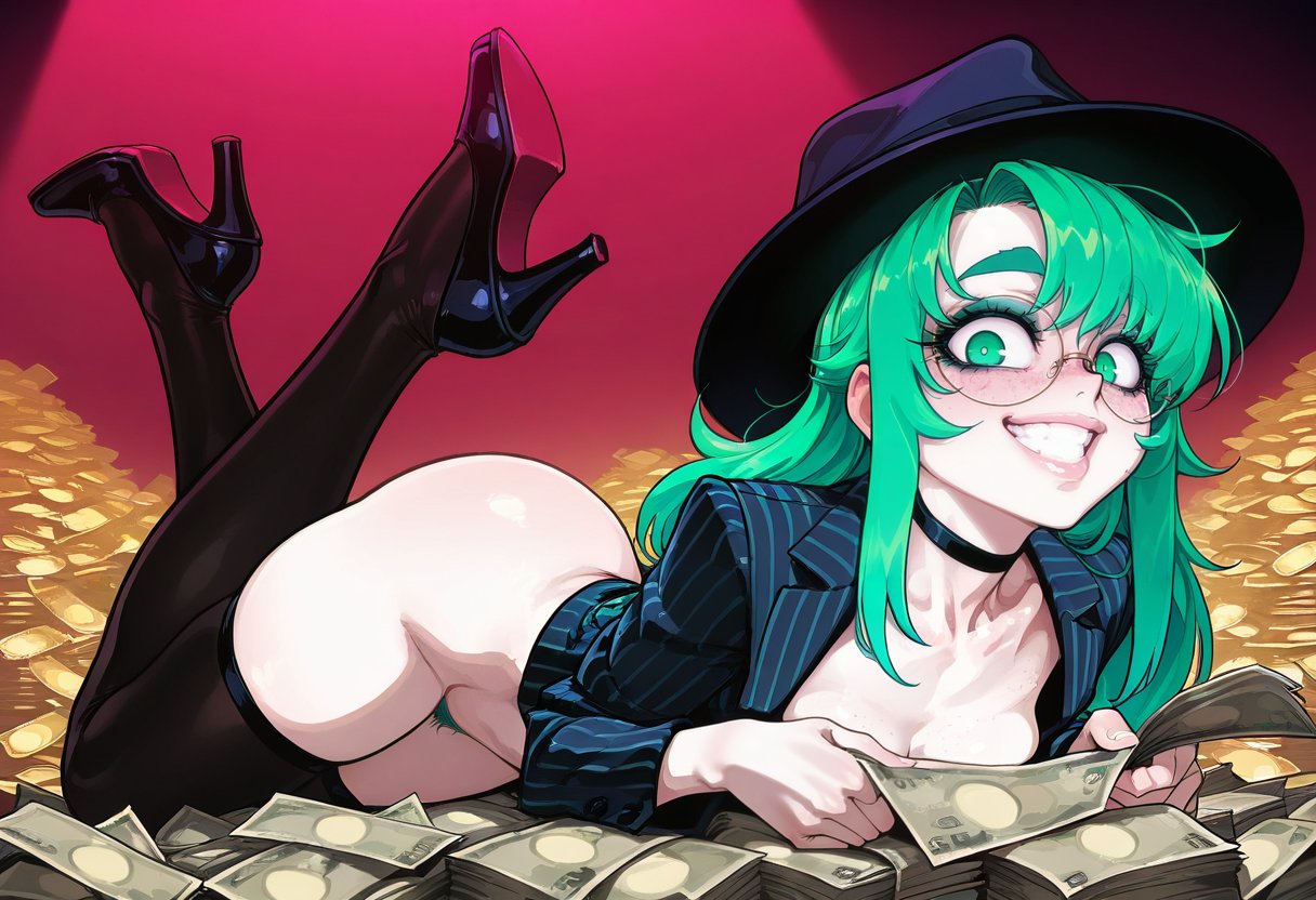 1girls ai_generated blushing_at_viewer choker color glasses green_eyes green_hair hi_res makeup medium_ass money_under_clothes original_character pinstripe_suit pubic_hair small_breasts smiling_at_viewer stilletos stockings tagme thick_thighs twitter uncensored wienergens