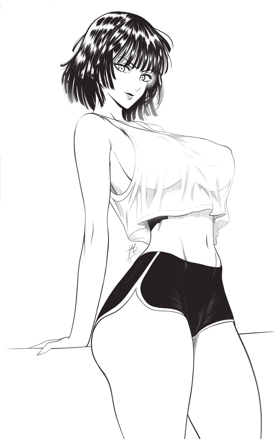 1girls artist_signature big_breasts fat_breasts female_human fit_female flat_belly fubuki_(one-punch_man) full_lips hourglass_figure human large_breasts lipstick looking_at_viewer mature_female midriff monochrome mostlybluewyatt one-punch_man short_hair shorts slim_waist thick_thighs wide_hips