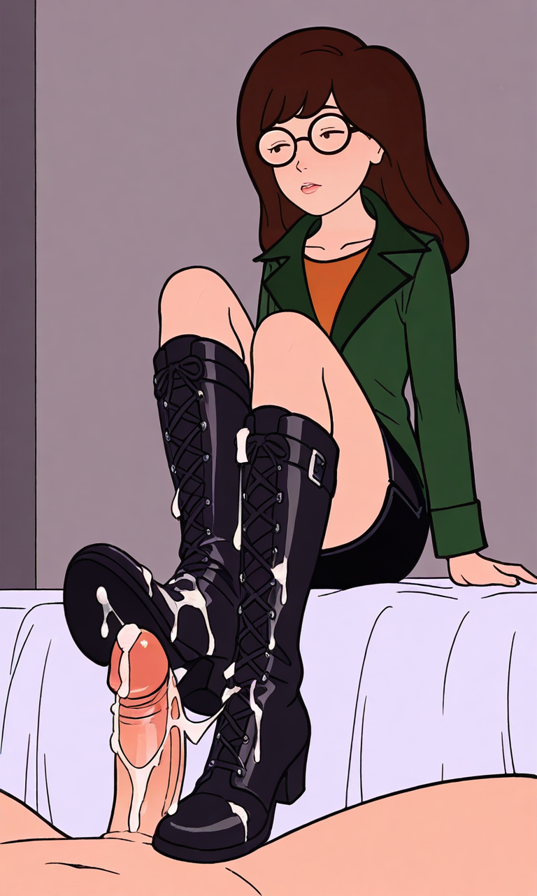 1boy 1girls ai_generated annoyed_expression boot_fetish bootjob boots brown_hair cum cum_on daria daria_morgendorffer excessive_cum female femdom footjob footjob_with_legwear footjob_with_shoes glasses green_jacket leather_boots leather_skirt male mtv patent_boots pov shoejob sitting skirt