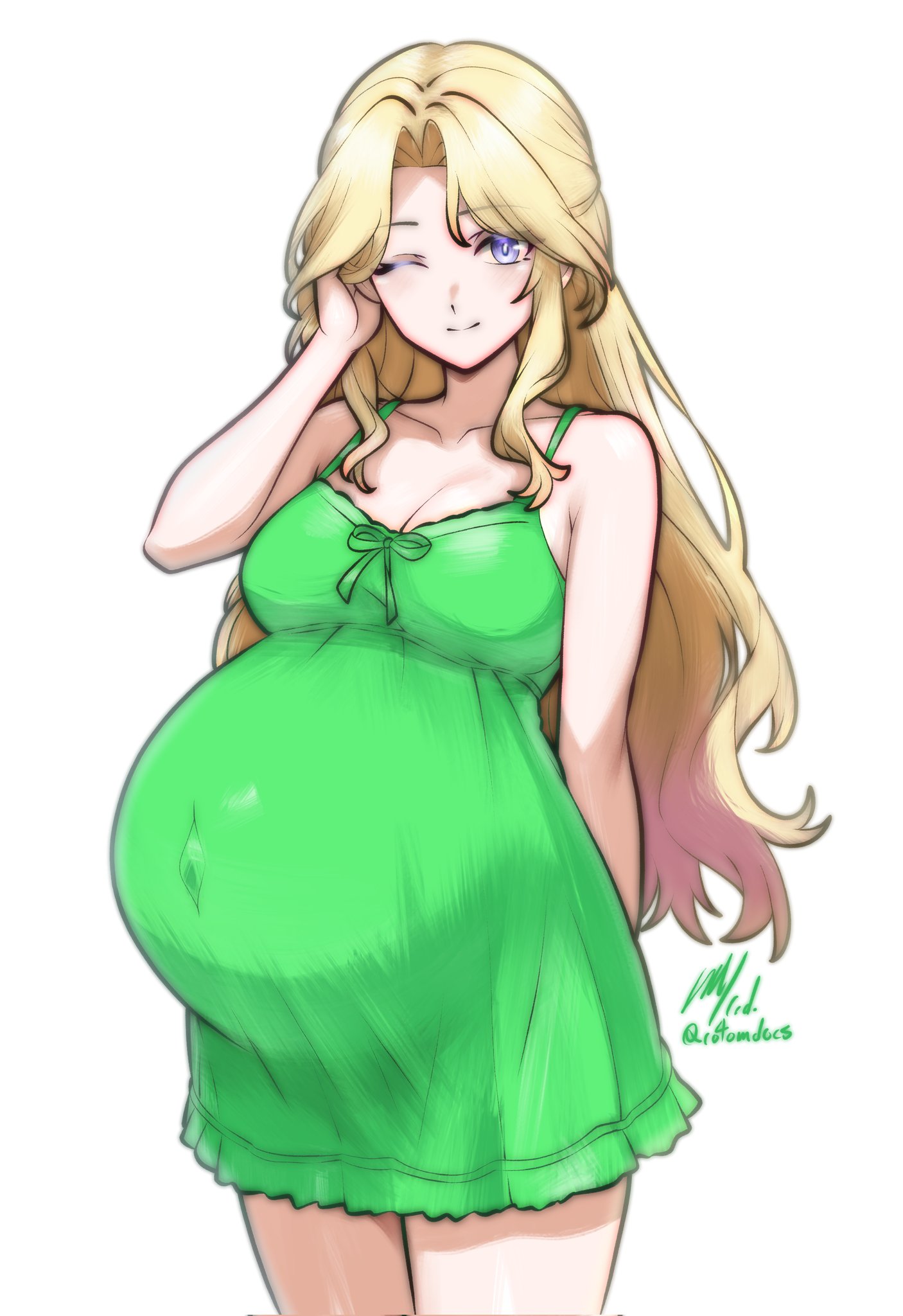 1girls, blonde hair, celes chere, cleavage, clothing, female, female only, final fantasy, final fantasy vi, fully clothed, legs together, long hair, looking at viewer, maternity clothes, maternity dress, medium breasts, nightgown, one eye closed, pregnant, purple eyes, rotomdocs, smile, solo, very long hair, wavy hair, wink