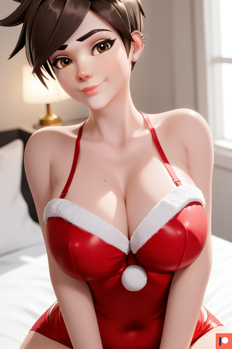 ai_generated bed bedroom big_breasts brown_eyes brown_hair christmas christmas_clothing christmas_outfit cleavage female indoors looking_at_viewer merry_christmas omega_weirdo overwatch overwatch_2 patreon pose seductive seductive_pose short_hair smile smiling smiling_at_viewer tracer