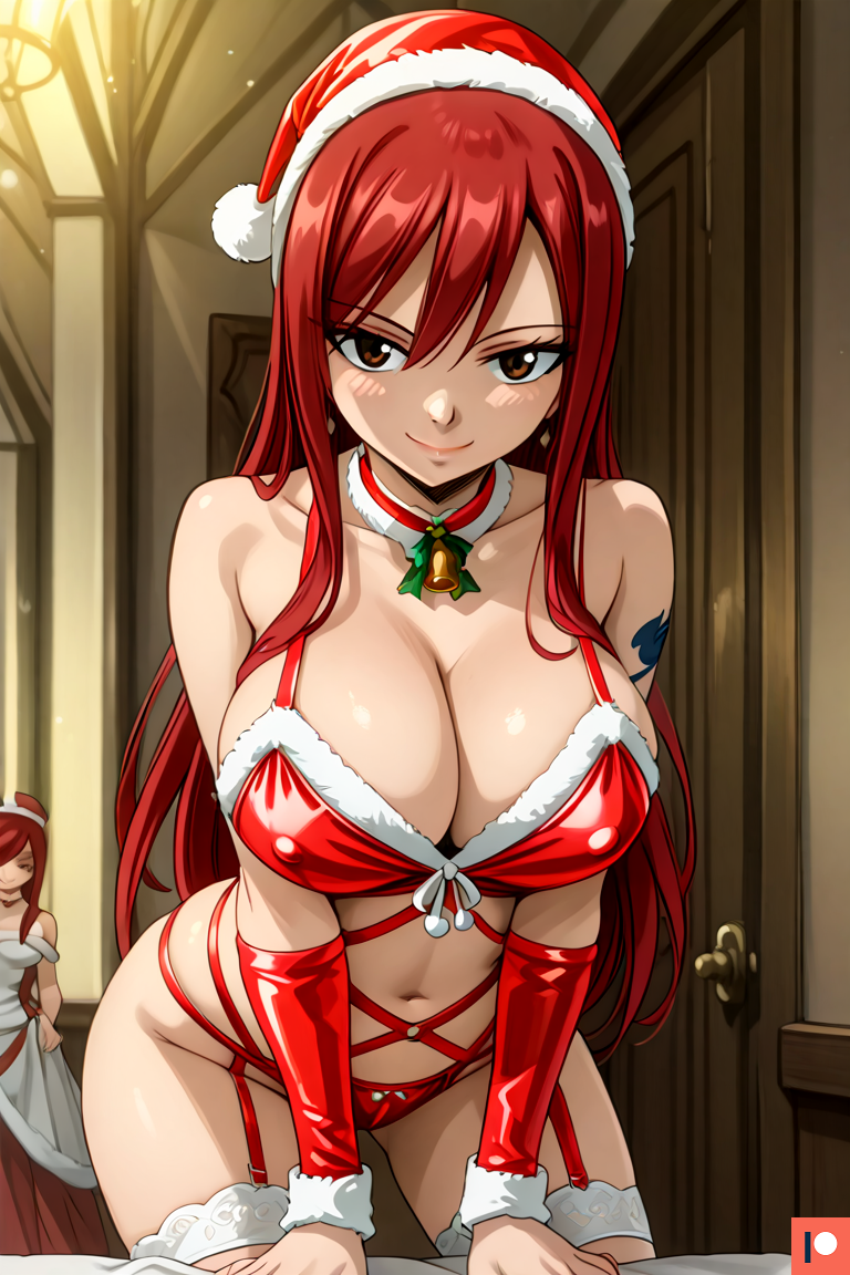 ai_generated bed bedroom big_breasts blush brown_eyes choker christmas christmas_clothing christmas_outfit erza_scarlet fairy_tail female half_naked huge_breasts indoors long_hair looking_at_viewer nipple_bulge nipples omega_weirdo patreon red_hair sexy_outfit sleeves smile smiling_at_viewer tattoo