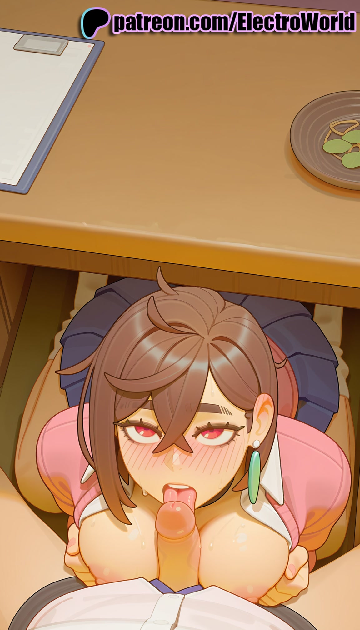 1boy, 1girls, 2025, ai generated, artist name, ayase momo, blowjob, blowjob face, blush, bowl, breasts, brown hair, bust, chest, chopsticks, cock, dandadan, desk, dick, earrings, electroworld, exposed nipples, fellatio, female, hi res, high quality, high resolution, highres, jewelry, licking, male, nipples, nipples outside, oral, oral sex, patreon, patreon username, penis, plate, pleated skirt, pov, red eyes, school uniform, skirt, solo focus, stable diffusion, straight, sucking, table, tray, uncensored, under the table, watermark