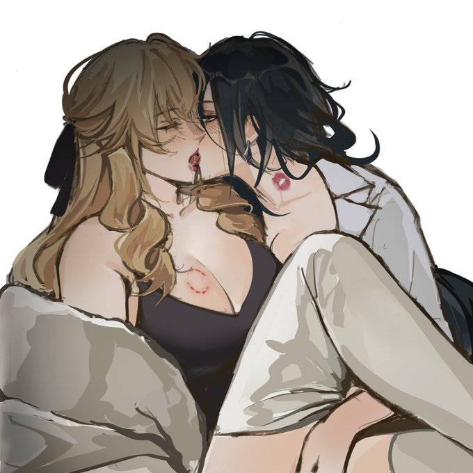 2girls bite_mark blonde_hair clorinde_(genshin_impact) closed_eyes clothed earring genshin_impact hair_accessory hoyoverse kiss_mark kissing long_hair navia_(genshin_impact) short_hair stockings yuri zerobone