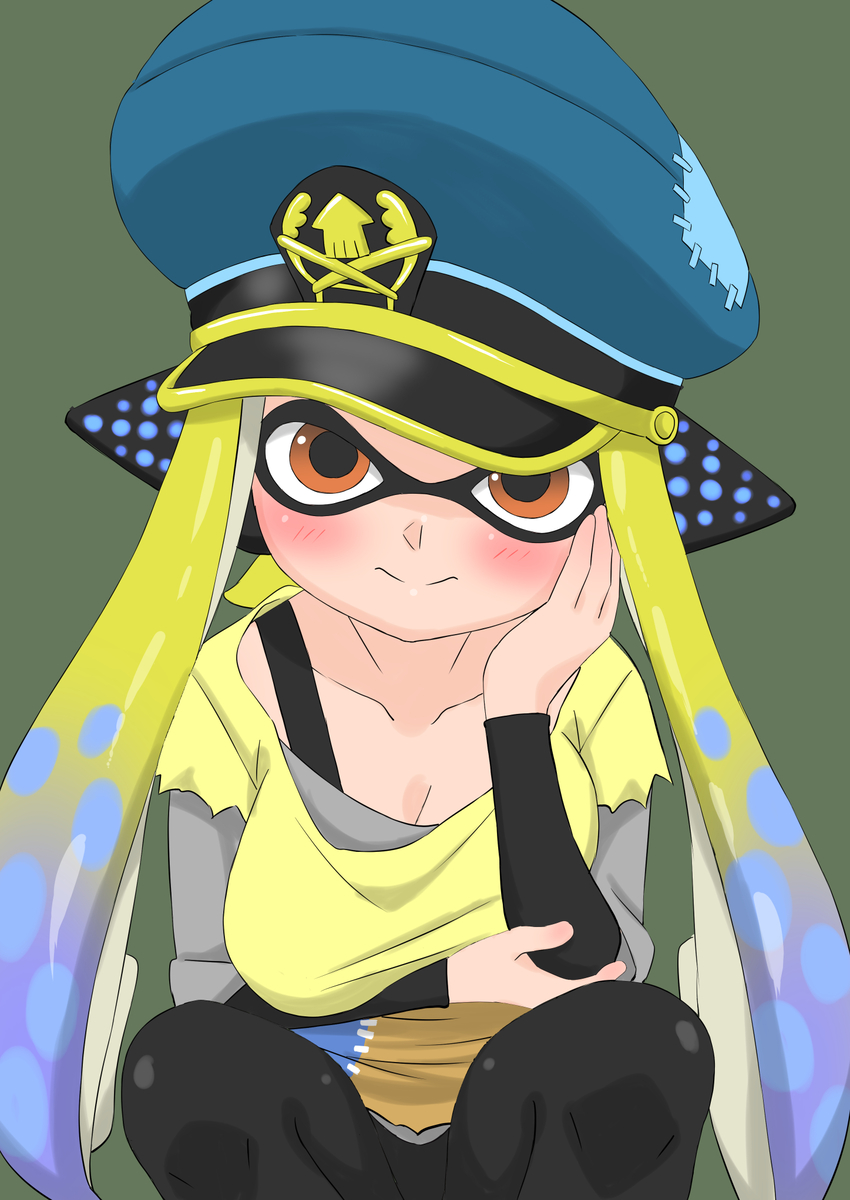 1girls agent_3_(splatoon) agent_3_(splatoon_3) big_breasts blush bra_strap breasts captain_(splatoon_3) captain_hat cleavage dark_green_background green_background hat inkling inkling_girl long_hair looking_at_viewer nintendo not_porn orange_eyes sfw simple_background splatoon splatoon_3 splatoon_3:_return_of_the_mammalians tentacle_hair two_tone_hair yawake