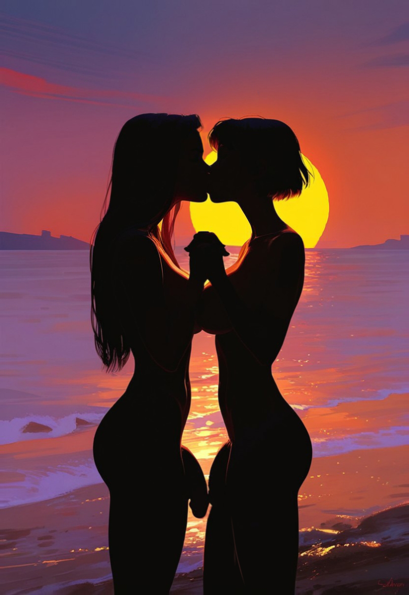 2d 2futas ai_generated ass beach big_penis breasts evening facing_another flaccid from_side futa_on_futa futa_only futanari holding_hands interlocked_fingers kissing long_hair medium_breasts ocean penises_touching santopati seaside self_upload shadow short_hair side_view silhouette standing sunset