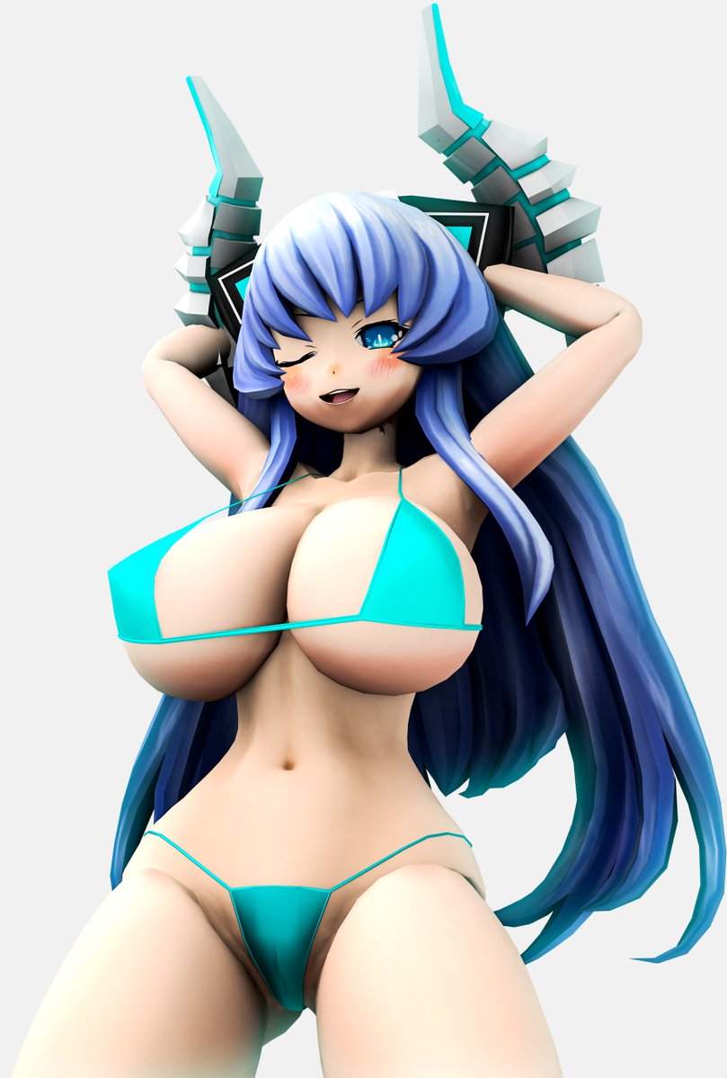 1girls 3d armpits arms_behind_head big_breasts bikini blue_bikini blue_eyes blue_hair blush breasts busty child_bearing_hips cleavage confident covered_navel female female_only grin half-closed_eyes hi_res highres huge_breasts legs looking_at_viewer navel neptunia_(series) one_eye_closed open_mouth pose posing rei_ryghts seductive seductive_look seductive_smile sensual sexy_armpits smile solo teeth thighs thong_bikini tongue voluptuous