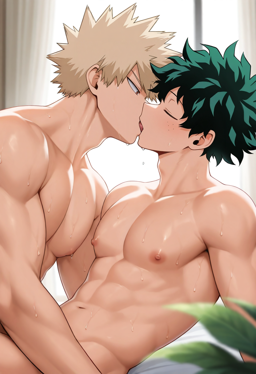 2boys ai_generated izuku_midoriya katsuki_bakugou kissing midoriya_izuku muscular my_hero_academia sweat yaoi