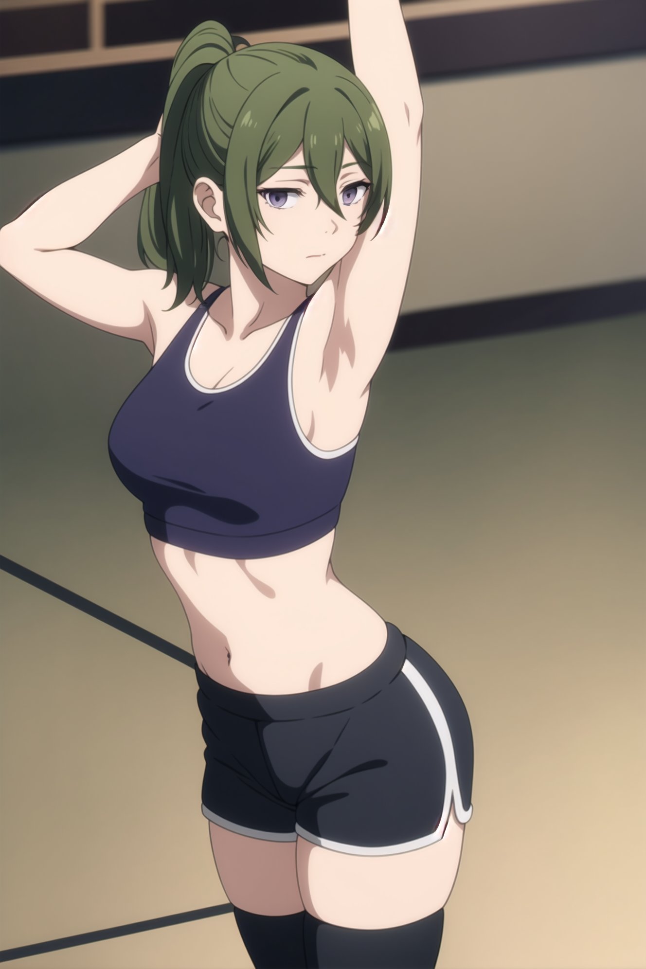 ai_generated armpits arms_up belly belly_button green_hair sousou_no_frieren sports_bra sports_shorts stomach ubel_(sousou_no_frieren) workout_clothes