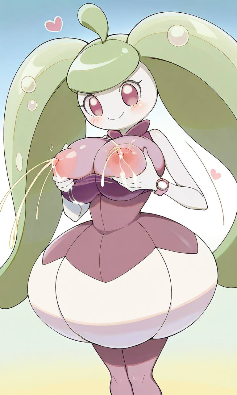 ai_generated big_hips blush bodily_fluids breast_milking breasts female flora_fauna fondling_breast hair heart humanoid lactating lactation legs plant playing_with_breasts pokemon pokemon_(species) smile solo steenee watch wide_hips wristwatch