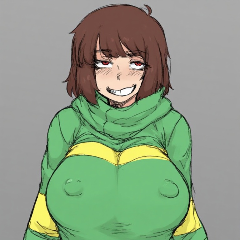 1girls, ai generated, big breasts, big nipples, bob cut, breasts, brown hair, chara, dress, female, female chara, grin, nipples, red eyes, smile, smiling, srimbievil58, sweat, sweatdrop, sweating, sweaty, sweaty body, undertale, undertale (series), video games