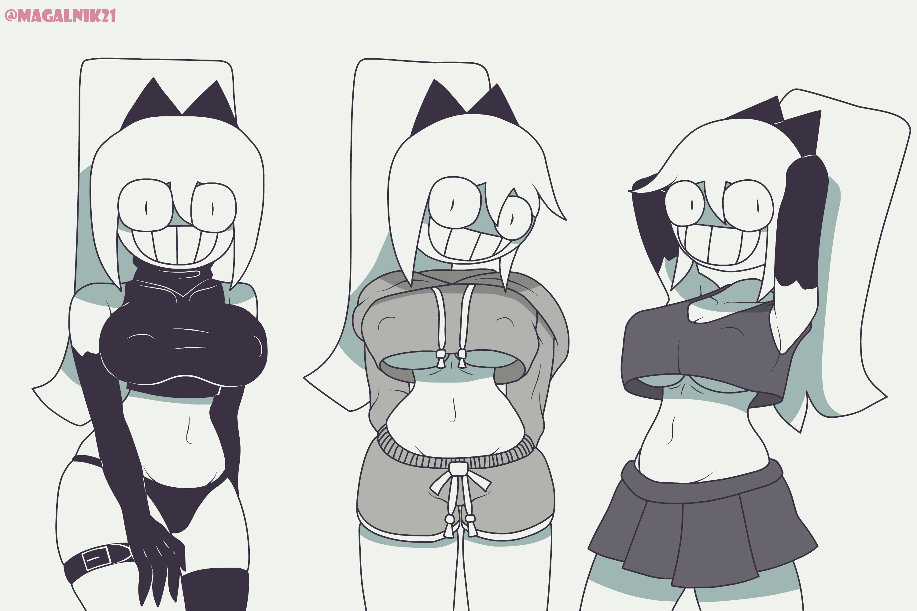 clothed, crazy smile, different outfits, exposed skin, fundamental paper education, hoodie, magalnik, nipples visible through clothing, panties, riley (fundamental paper education), self upload, shorts, skirt, smile, tagme, white background, white hair