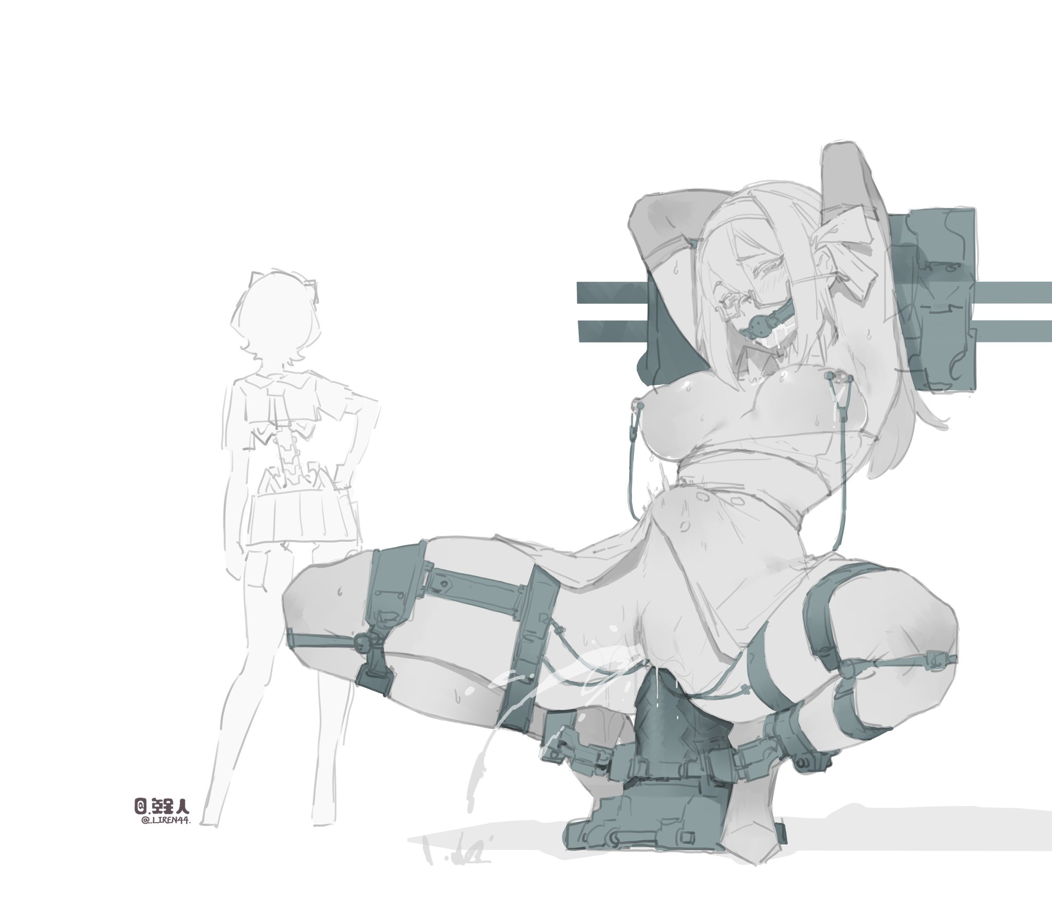 2022, 2girls, anal, anal sex, arm gloves, armpits, arms up, ball gag, bionics, bondage, bondage gear, bound, breasts, breasts out, digital media (artwork), dildo, dildo in ass, dildo insertion, dildo penetration, distended belly, distension, drool, drooling, female, femsub, gag, gagged, glasses, glasses on face, gloves, hairless pussy, headwear, liren44, mechanical, motion lines, nipple clamps, nipples, partially clothed, robot, robot girl, robot humanoid, squatting, squirting, straps, tremble spikes, vagina, vaginal fluids, vaginal insertion, vibrator, vibrator cord, vibrator in pussy