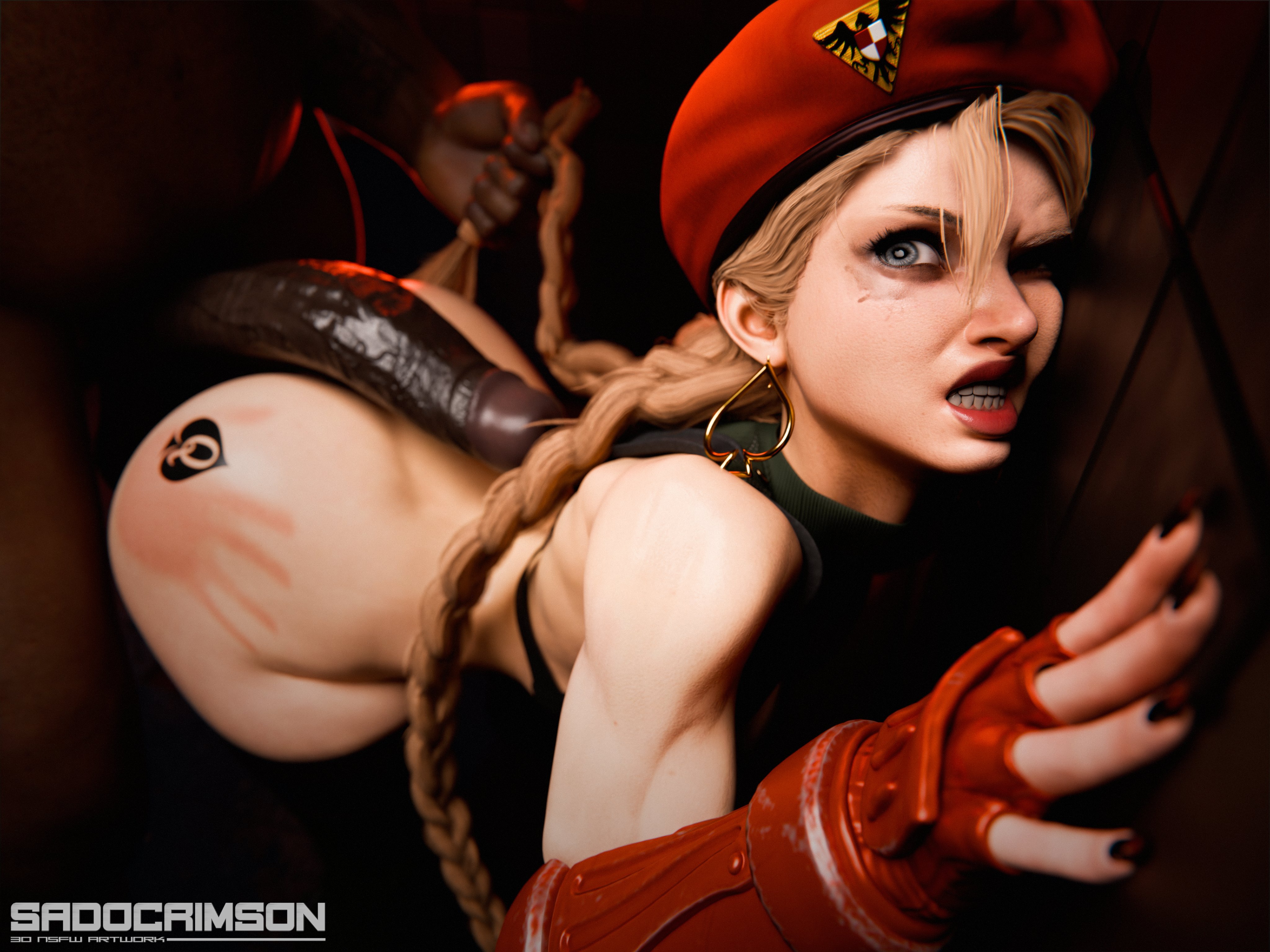 1boy, 1girls, 3d, ass, blacked, blacked tattoo, blonde female, blonde hair, blonde hair female, blonde-haired female, blue eyes, cammy white, clenched teeth, curvaceous, curvy, curvy figure, dark skin, dark-skinned male, doggy, doggy style, doggy style position, doggystyle position, female, grabbing hair, handmark, imminent penetration, imminent sex, interracial, light skin, light-skinned female, long hair, male, male/female, no panties, no underwear, penis on ass, pressed against wall, queen of spades, sadocrimson3d, slap mark, slapped, slapped ass, spade tattoo, street fighter, teeth clenched, twintails