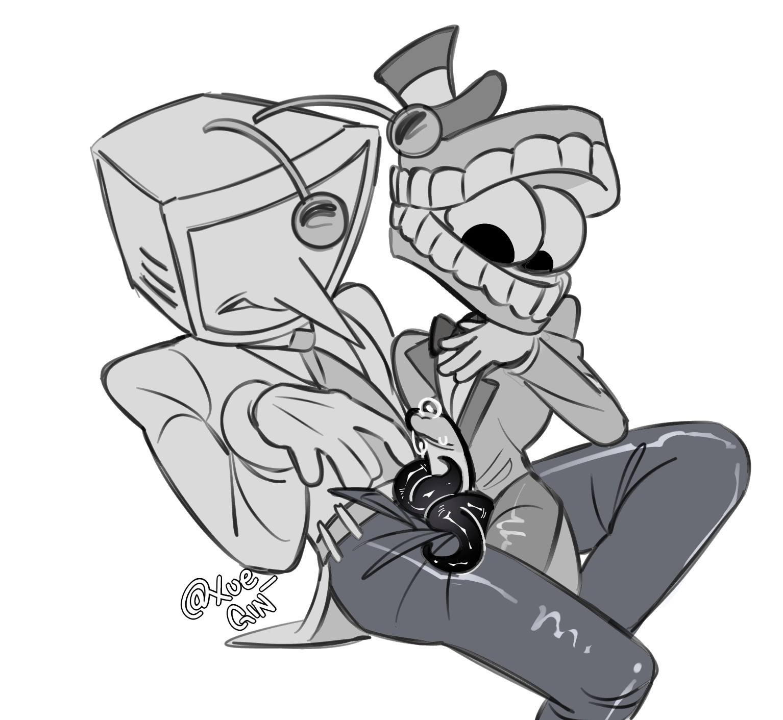 2boys, antennae (anatomy), caine (the amazing digital circus), clothed, crossover, deltarune, deltarune chapter 3, dick, glitch productions, gooseworx, holding penis, holy shit, latex clothing, male only, male/male, precum, suit, suit and tie, tailcoat, tenna (deltarune), tentacle, tentacle dick, the amazing digital circus, undertale (series)