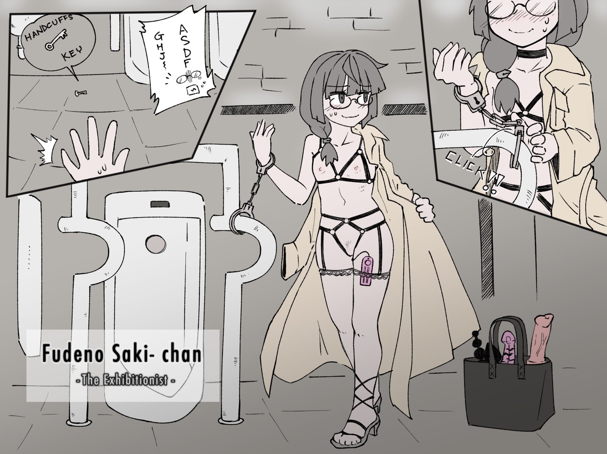 coat removed, exhibitionism, fudeno saki, handcuffs, kuro jelly, naked in public, public nudity, public restroom, rotor, self bondage gone wrong, sex toy, urinal