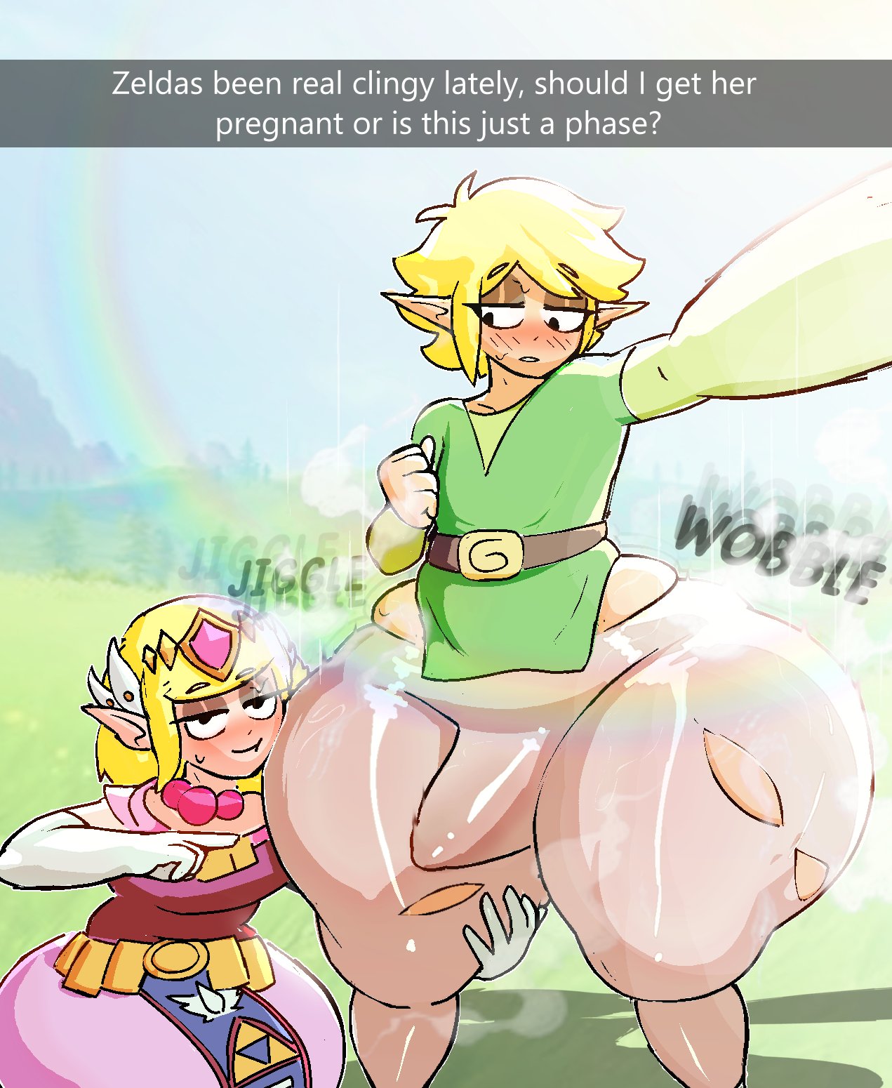 bottom heavy, bottom heavy femboy, bottom heavy male, bulge, erect, erect penis, erection, erection under clothes, link, princess zelda, senor9, senordraws, the legend of zelda, toon link, toon zelda, wide hips