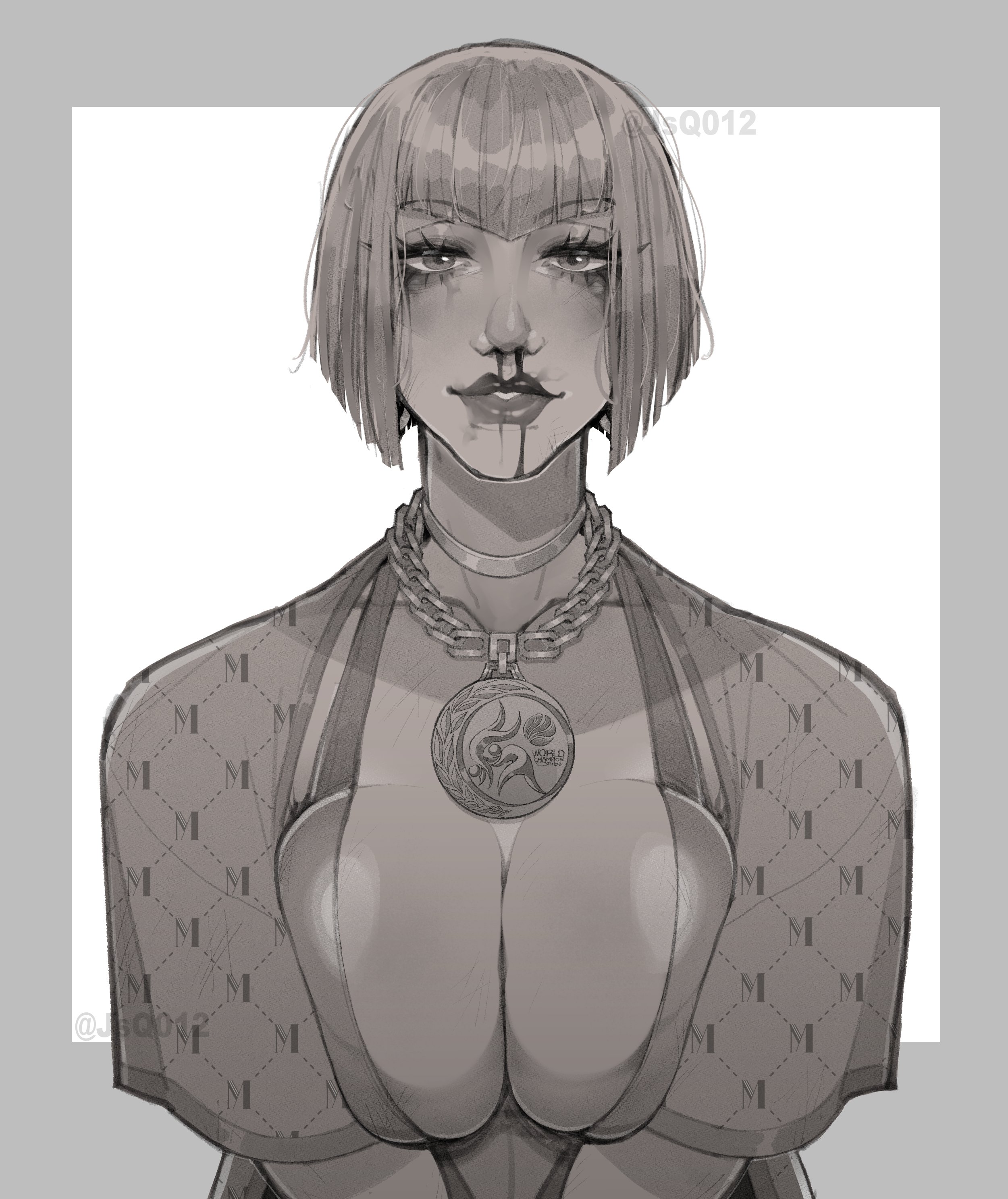 2d, bangs, big breasts, bikini, blood drip, blood in mouth, blood on face, bob cut, breasts, bruise, bruised, busty, cleavage, female, female focus, female only, jsq012, lipstick, makeup, manon legrand, mascara, mascara tears, medal, monochrome, nose bleed, nosebleed, short hair, street fighter, street fighter 6, tagme, tears