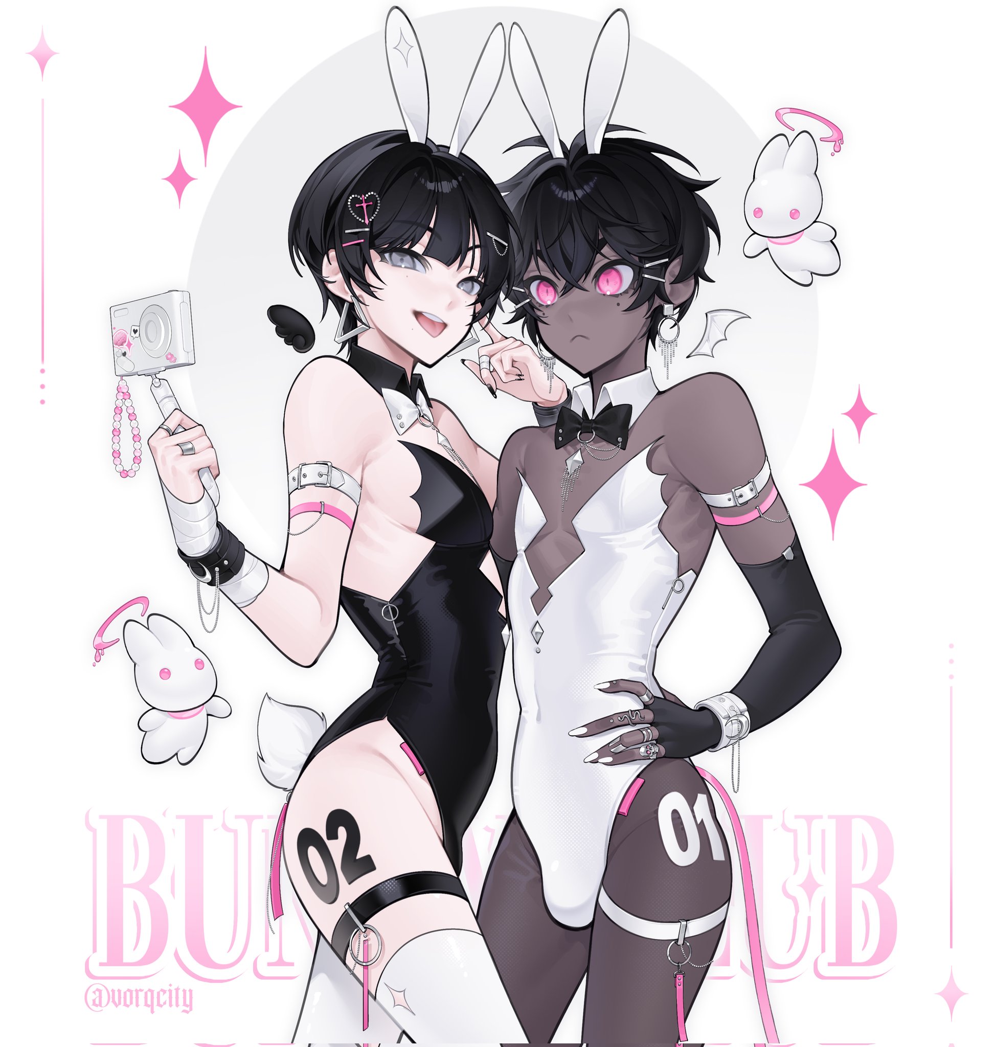androgynous, armband, bare shoulders, black hair, blue eyes, bowtie collar, bunny boy, bunny ears, bunny tail, bunnysuit, chocolate and vanilla, dark skin, dark-skinned femboy, dark-skinned male, dark-skinned sissy, dark-skinned twink, earrings, femboy, feminine male, hand on waist, leotard, light skin, light-skinned femboy, light-skinned male, light-skinned twink, male, male only, male/male, pink eyes, selfie, selfie stick, short hair, thigh strap, thighhighs, trap, two boys, vorqcity, yaoi