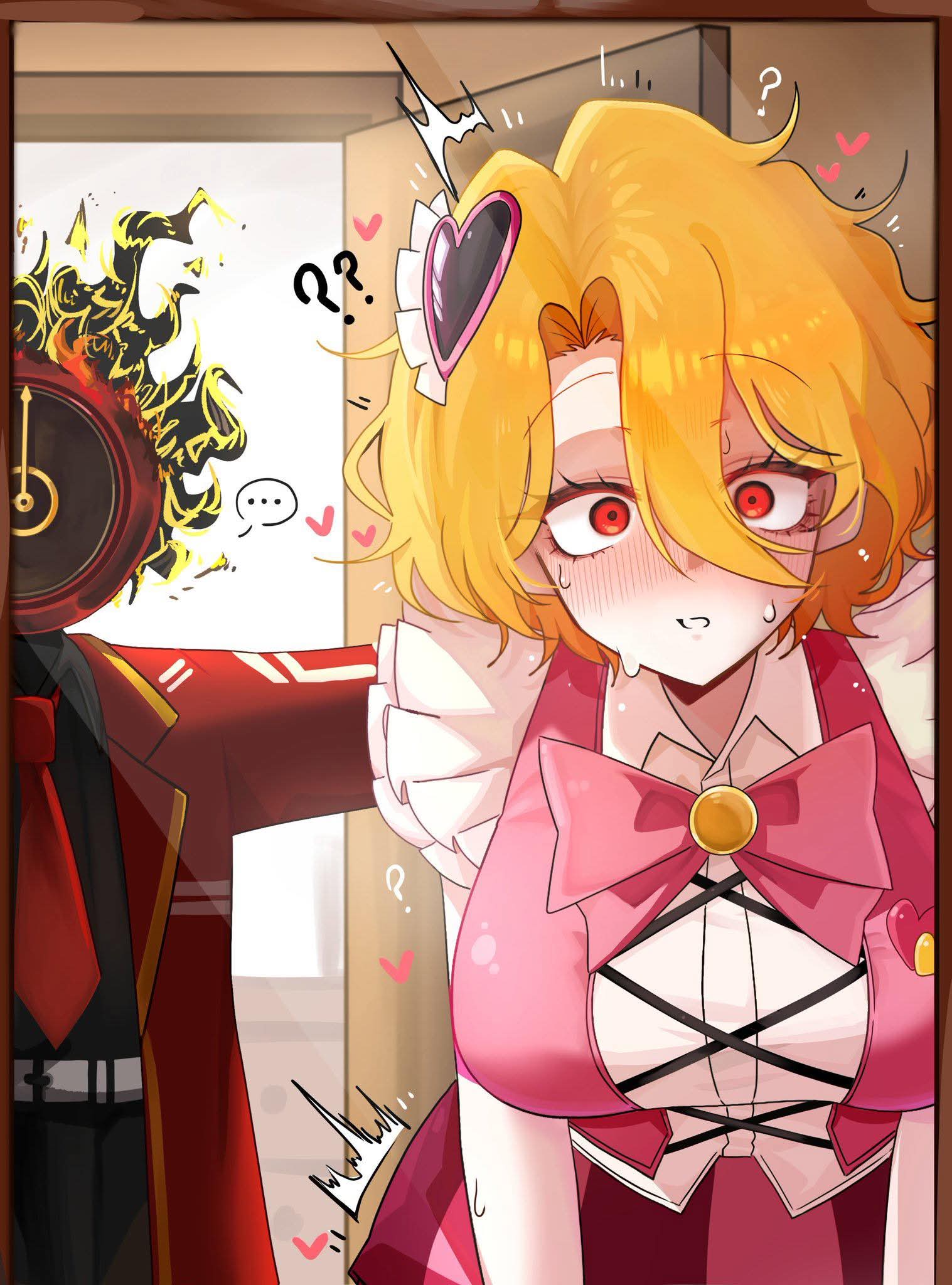 1girls, 1other, ambiguous gender, black gloves, black shirt, blonde hair, blush, bow, bowtie, breasts, clock, coat, collared shirt, dante (limbus company), don quixote (limbus company), e.g.o (project moon), female, fire, gloves, hair between eyes, heart, imminent sex, in the name of love and hate (e.g.o), large breasts, limbus company, long sleeves, looking at viewer, magical girl, necktie, object head, official alternate costume, ohing, pants, parted bangs, pink skirt, project moon, red coat, red eyes, red necktie, ribbon, sancho (limbus company), shirt, short hair, skirt