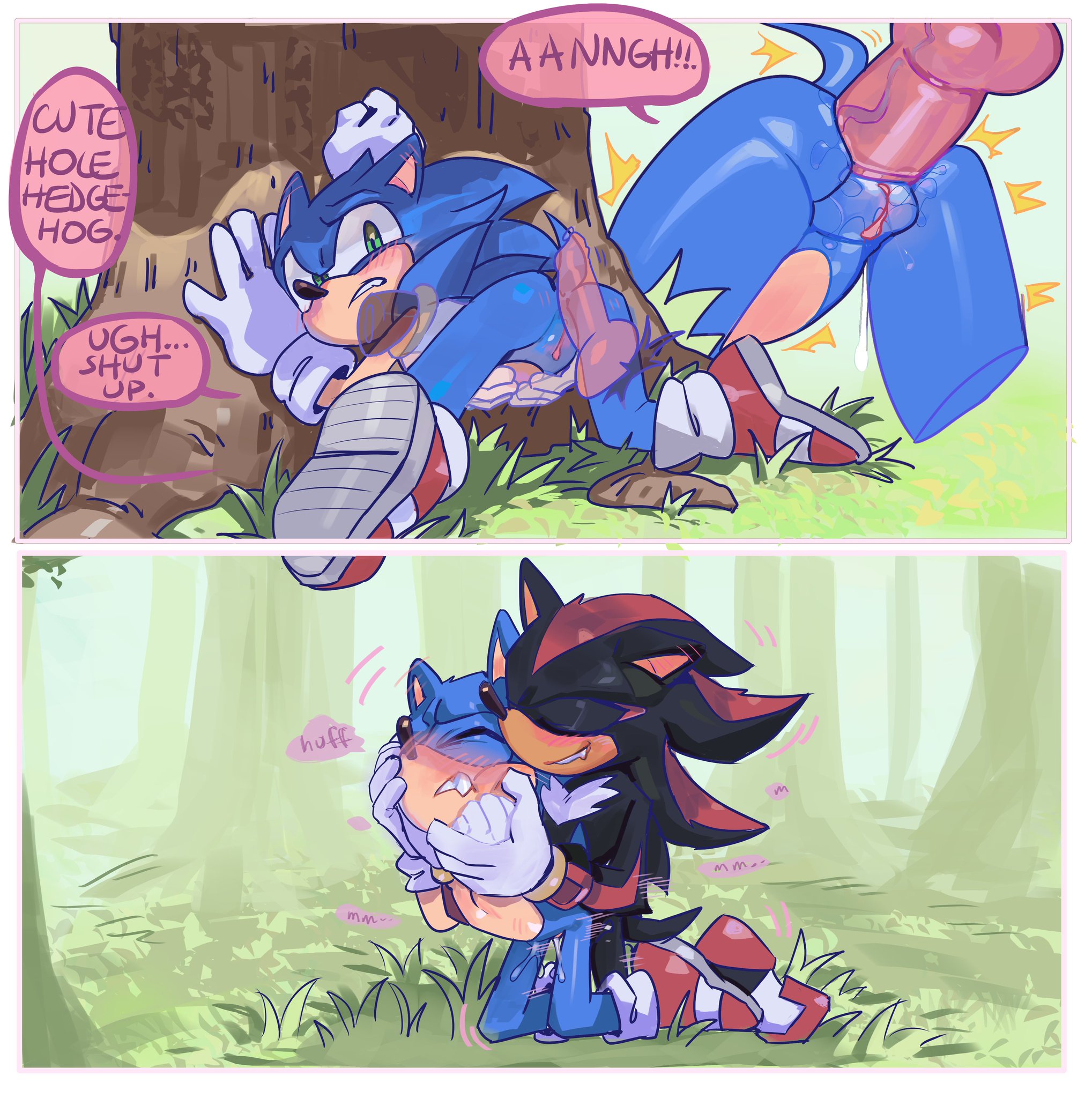 1cuntboy, 2boys, against tree, anal penetration, anal sex, biting own lip, black fur, blue fur, blush, cuntboy, cuntboy/male, ear blush, eyes closed, fangs, forest, forest background, gay, grass, green eyes, male/cuntboy, motion lines, nature, outdoors, pinklilim, shadow the hedgehog, smile, sonadow, sonic (series), sonic the hedgehog, sonic the hedgehog (series), thrusting, thrusting into ass, translucent penis, tree, veiny penis, x-ray, yaoi