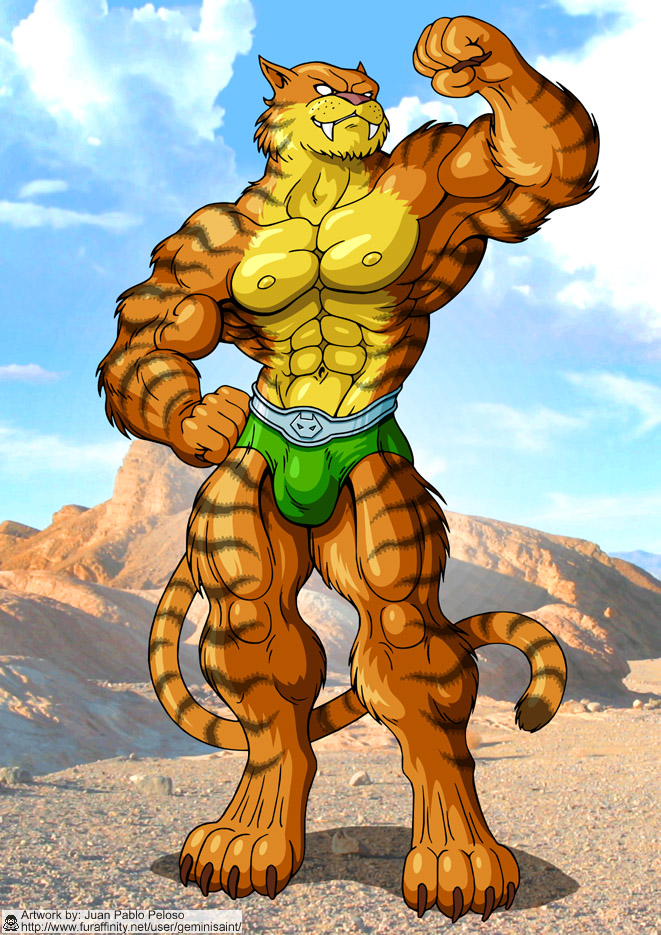 1boy 2008 4_toes abs anthro biceps big_muscles body_markings bulge claws color day feline flexing fur furry geminisaint male male_only markings muscles outdoors pose smilodon solo speedo standing swimsuit tiger