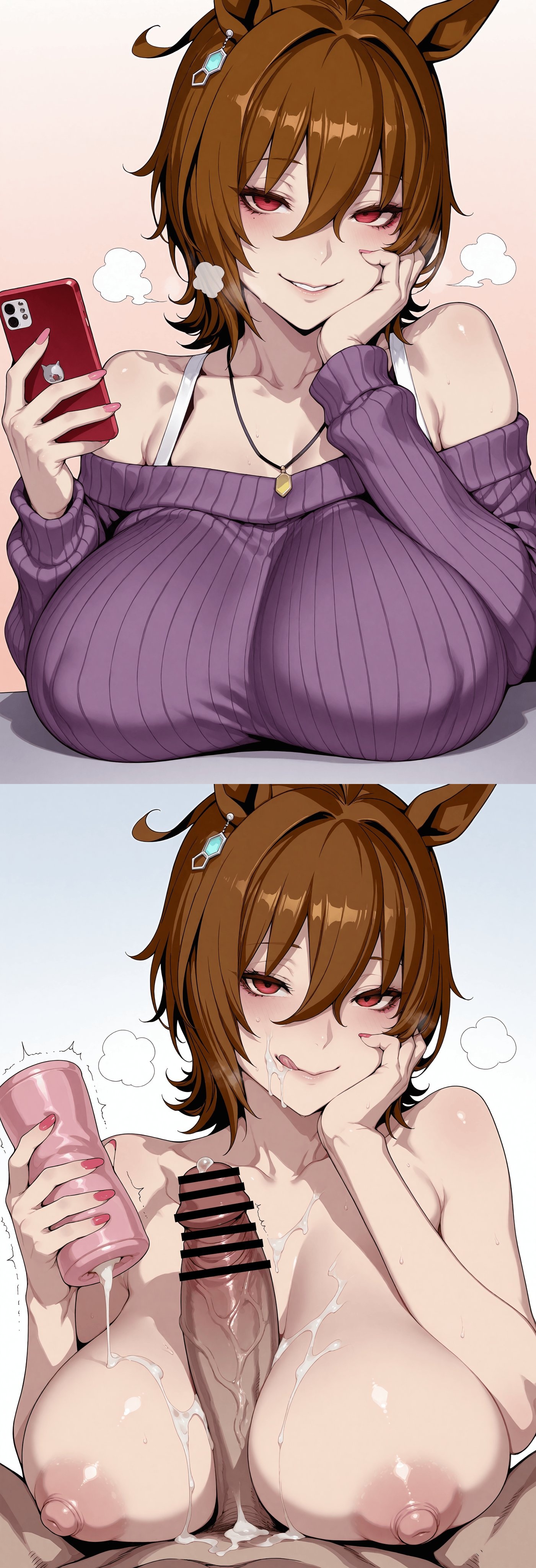 1boy, 1girls, agnes tachyon (umamusume), ai generated, big breasts, brown hair, date, fleshlight, huge breasts, masturbation, red eyes, sex toy, sweater, tagme, umamusume, umamusume pretty derby