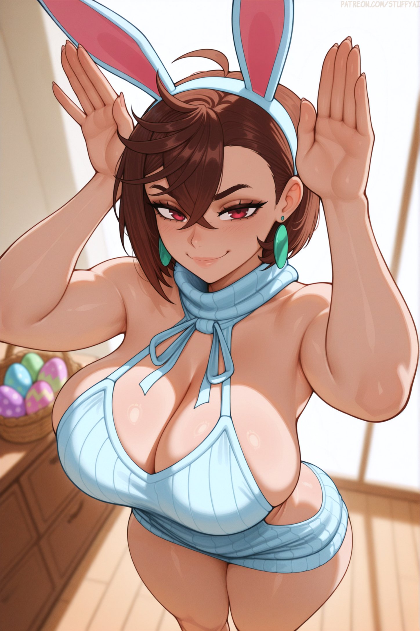 1girls, ai generated, ayase momo, big breasts, breasts, brown hair, bunny ears, bunny girl, busty female, curvaceous, curvaceous body, curvaceous female, curvaceous figure, curvaceous hips, curvy, curvy body, curvy female, curvy figure, curvy hips, dandadan, female, female focus, female only, light skin, light-skinned female, looking at viewer, momo ayase, no bra, no panties, no underwear, only female, red eyes, short hair, stuffyai, virgin killer sweater