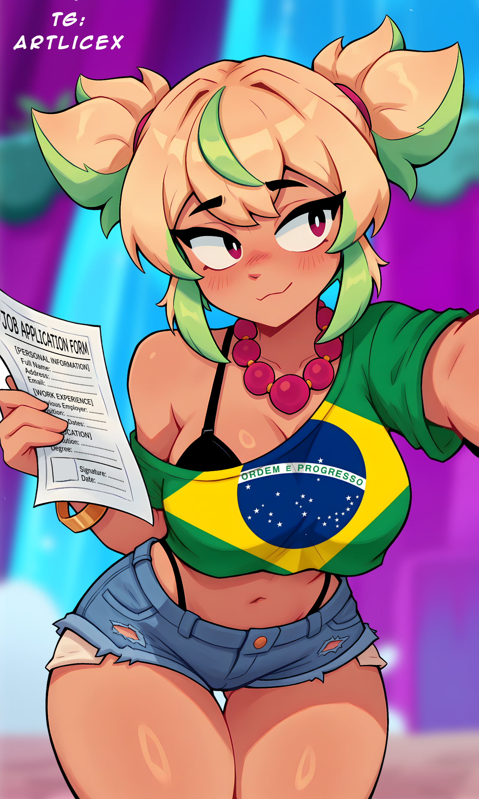 ai generated, beach, black bra, blonde hair, brawl stars, brazilian, brown body, curvy figure, cute, large breasts, mandy (brawl stars), navel, sexy, shorts, supercell