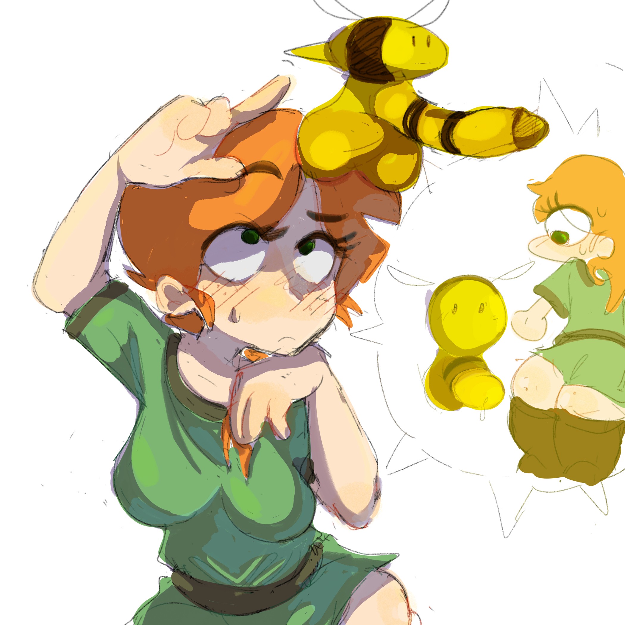 1girls, 2024, 2d, 2d (artwork), alex (minecraft), ass, balls, bee, bee (minecraft), bee wings, blank background, blush lines, butt, drawpant, green shirt, minecraft, orange hair, orange hair female, orange-haired female, penis, shirt, tagme, white background