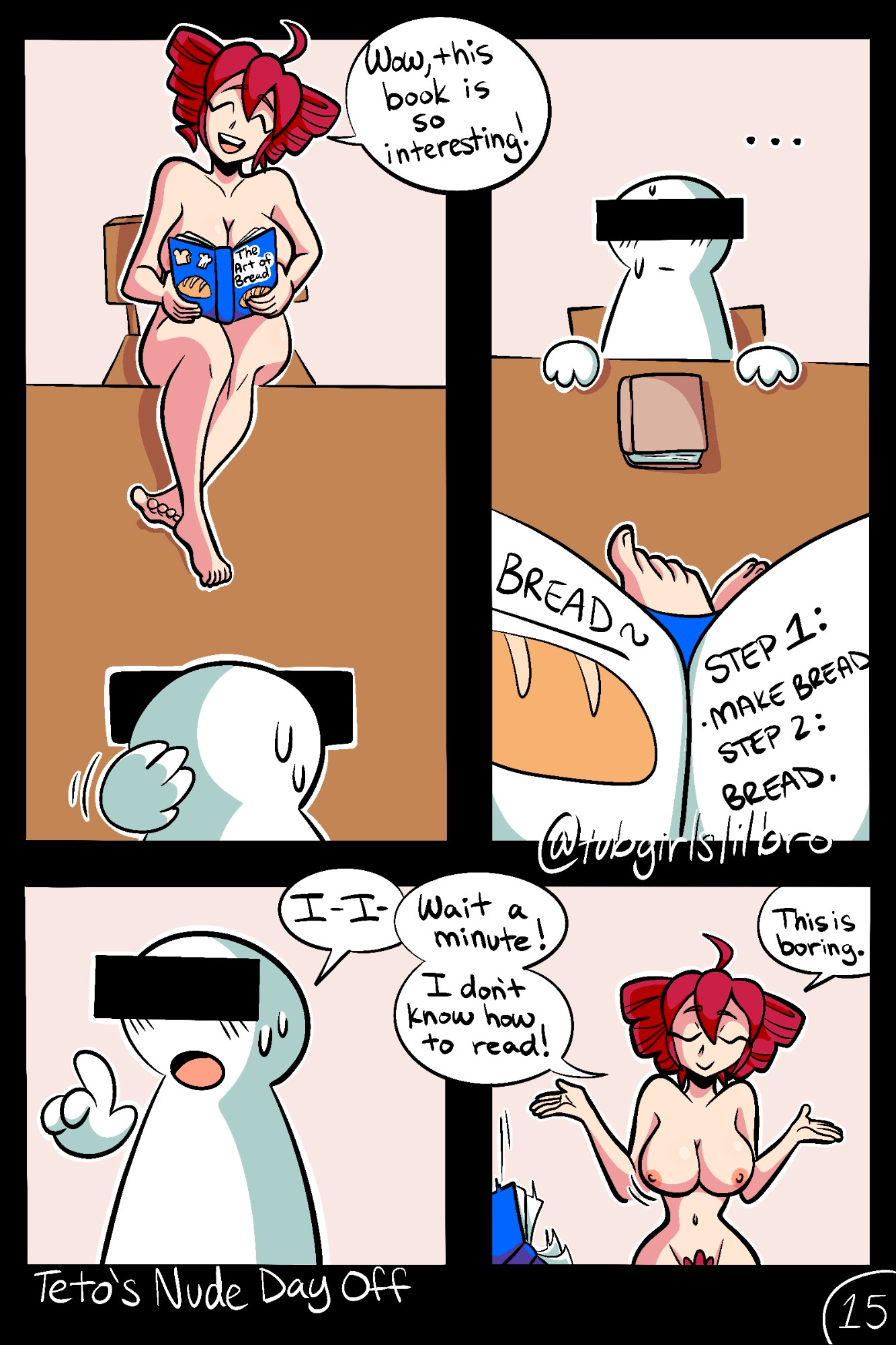 1girls, absolutely nothing on, barefoot, book, breasts, comic, comic page, completely naked, completely nude, completely nude female, exhibitionism, feet, female, female focus, full body, illiterate, kasane teto, naked, naked female, nude, nude female, oblivious, page 15, pubic hair, public, public nudity, reading, synthesizer v, tagme, tubgirlslilbro, unaware, unaware exhibitionist, unintentional exhibitionism, utau