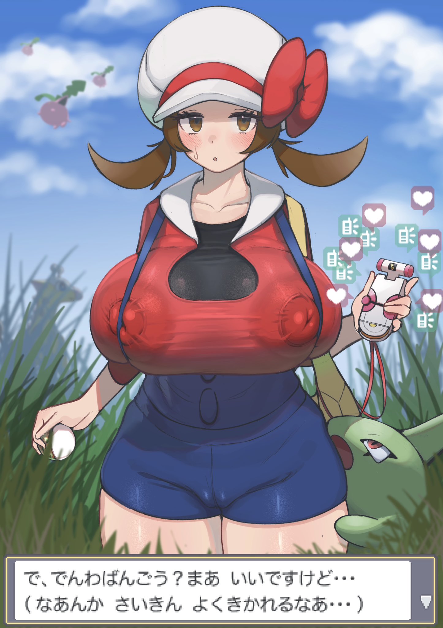 1girls, alternate body type, alternate breast size, big areola, big nipples, blush, breasts, brown eyes, brown hair, cameltoe, cleft of venus, clothed, embarrassed, erect nipples, erect nipples under clothes, female, hat, hat bow, holding, holding object, holding poke ball, huge areolae, huge breasts, huge nipples, jitome, lyra (pokemon), nipple bulge, nipples, nipples visible through clothing, no bra, no panties, overalls, pokegear, pokemon, pokemon hgss, thick thighs, tight clothes, tight clothing, tsurumi kazane, twintails, white hat
