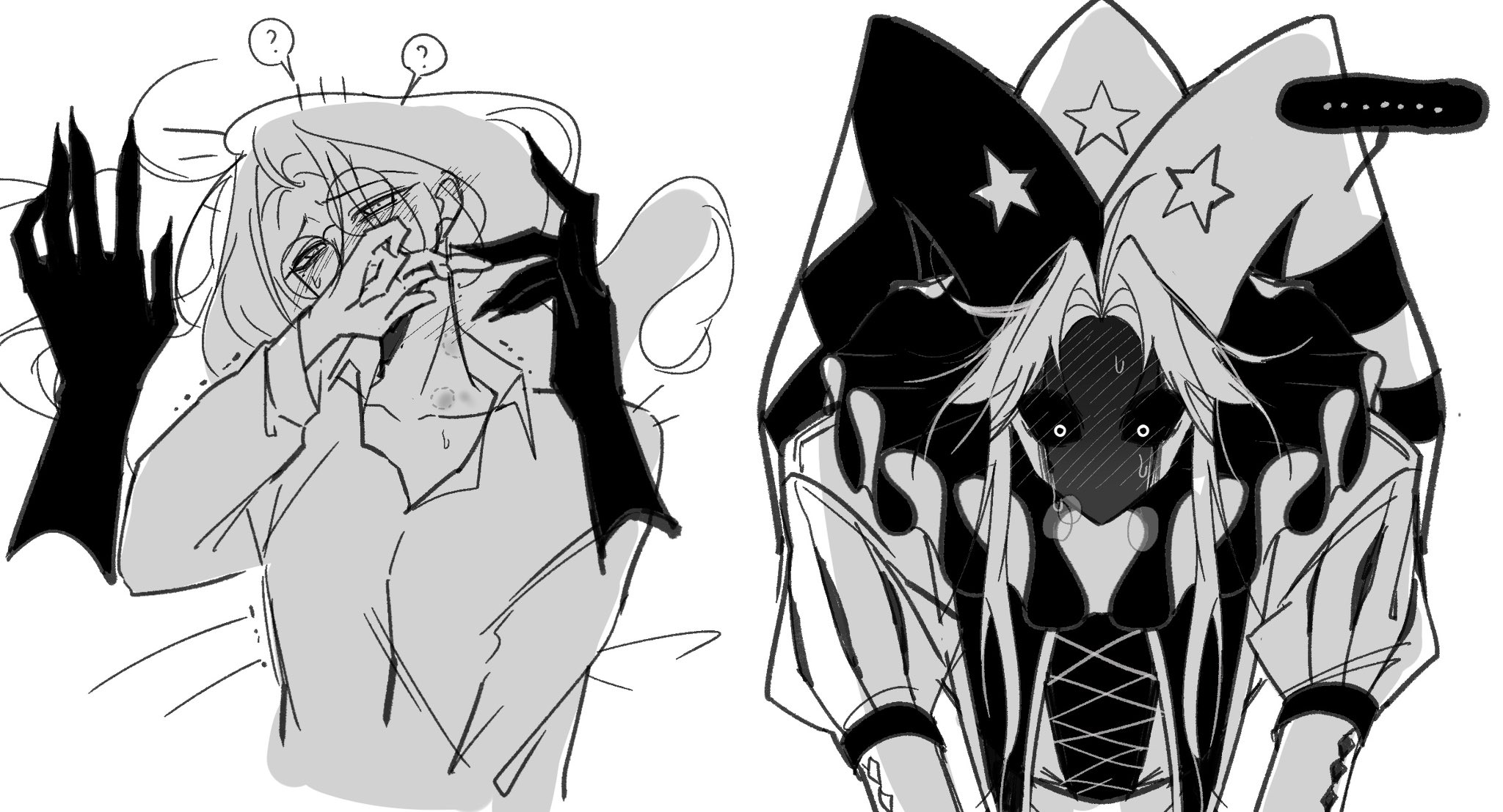 bite mark on neck, bite marks, blush, blushing at partner, blushing male, hwanza c, monster boy, monster on female, pierrot (the freak circus), pinned down, pinned female, pinned to bed, self insert, the freak circus