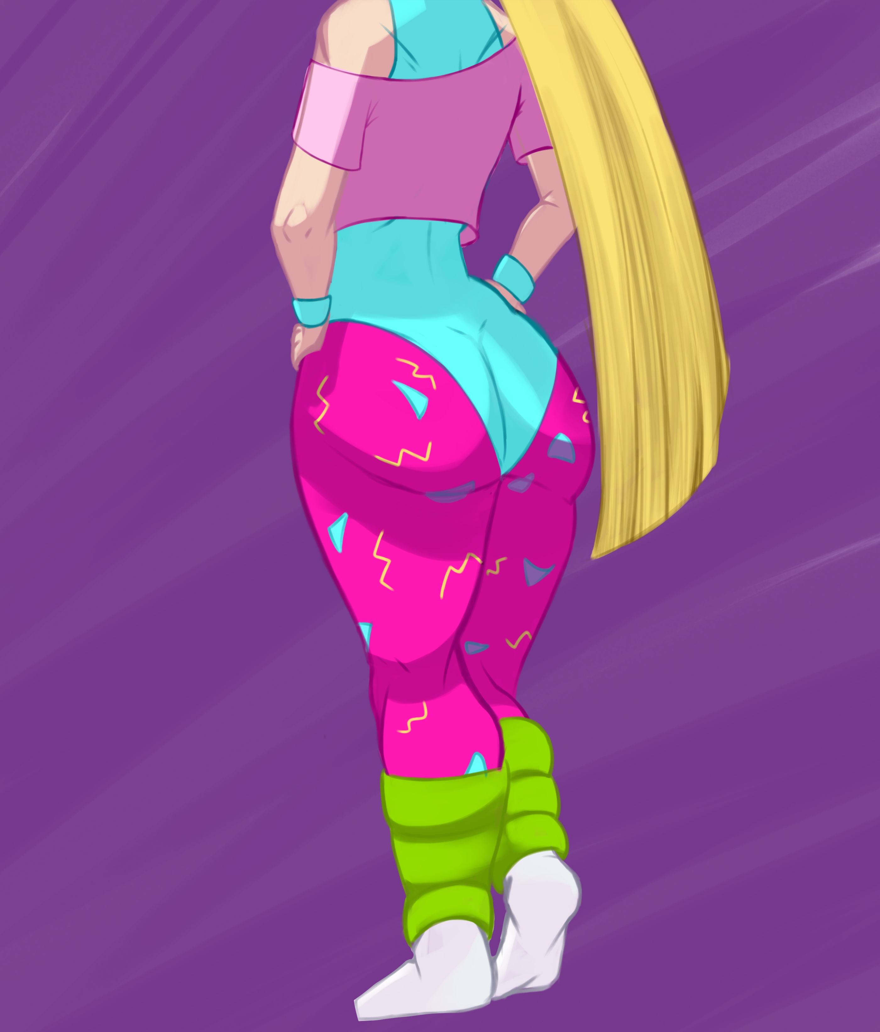ass, back view, big butt, big thighs, blonde female, blonde hair, brawl stars, butt focus, leotard, long hair, melodie (brawl stars), pump it melodie (brawl stars), yoga, yoga pants