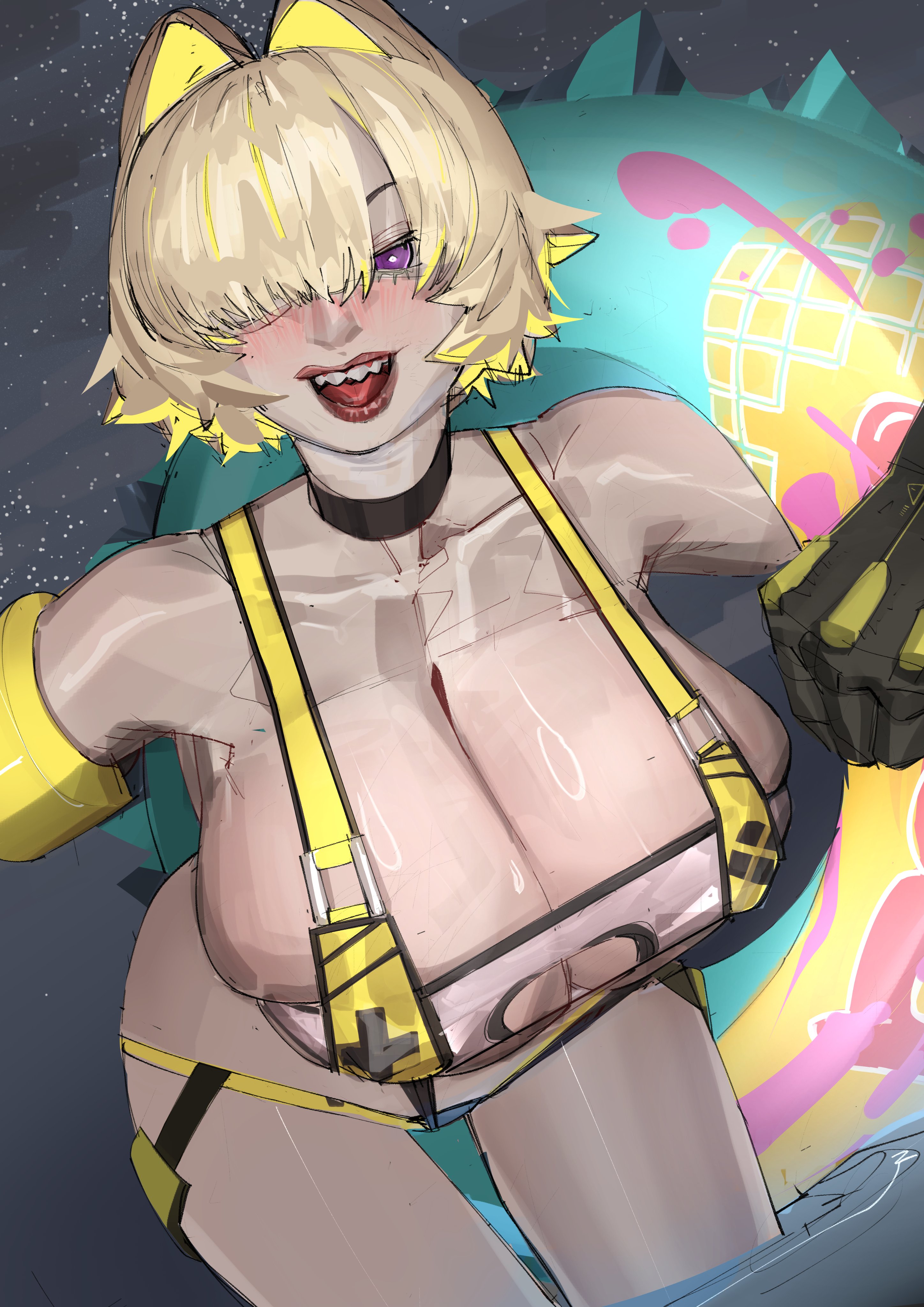 1girls, blonde hair, cleavage, elegg (boom and shock) (nikke), elegg (nikke), female, female only, goddess of victory: nikke, huge breasts, kowalalaa, light skin, light-skinned female, open mouth, purple eyes, see-through, see-through top, solo, swimwear, tubetop