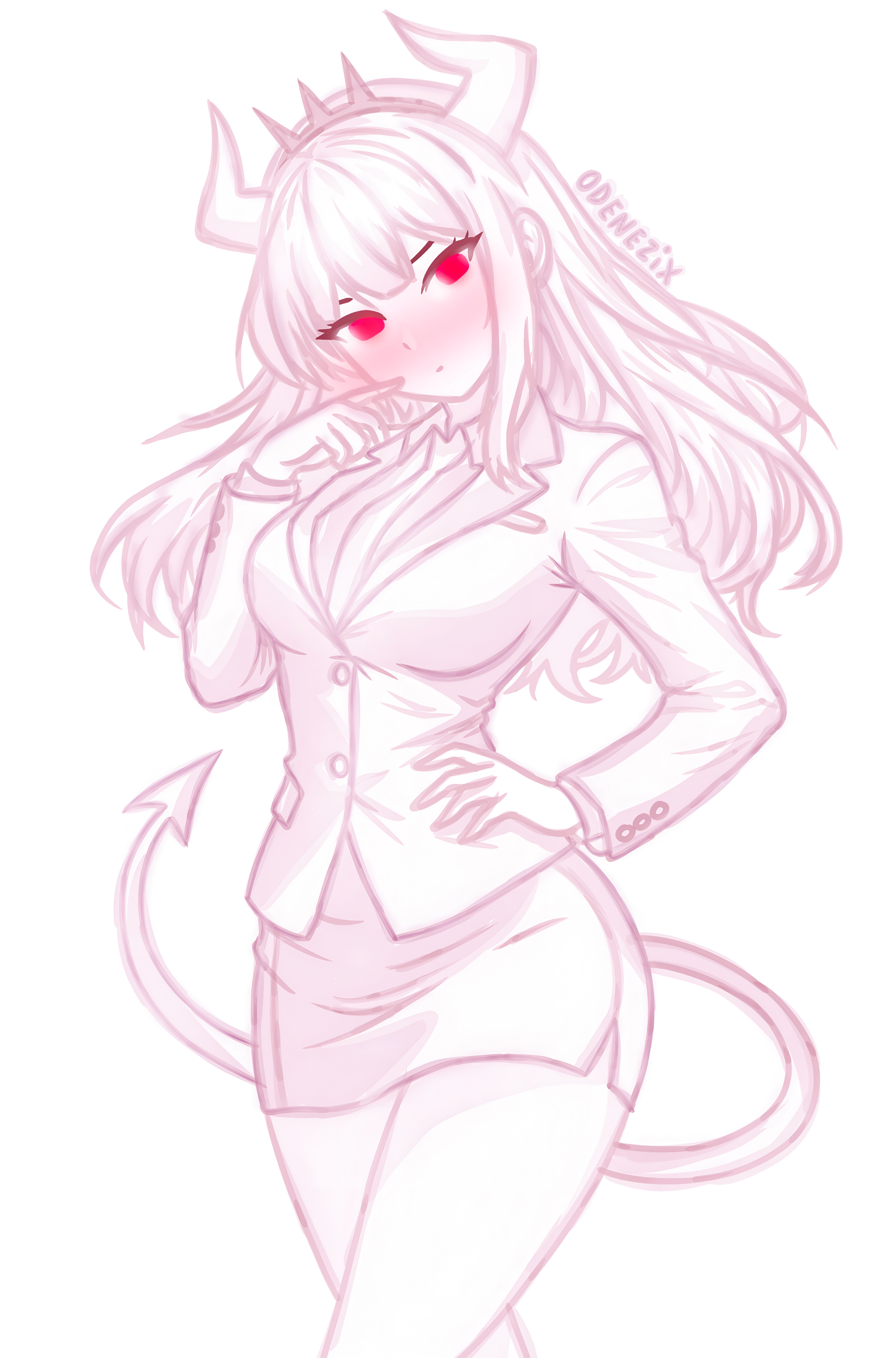 clothed, demon, demon girl, demon horns, female, female focus, female only, hd, helltaker, high quality, high resolution, lucifer (helltaker), odenezix, office clothing, red eyes, sketch, sketchy, skirt, solo, tagme