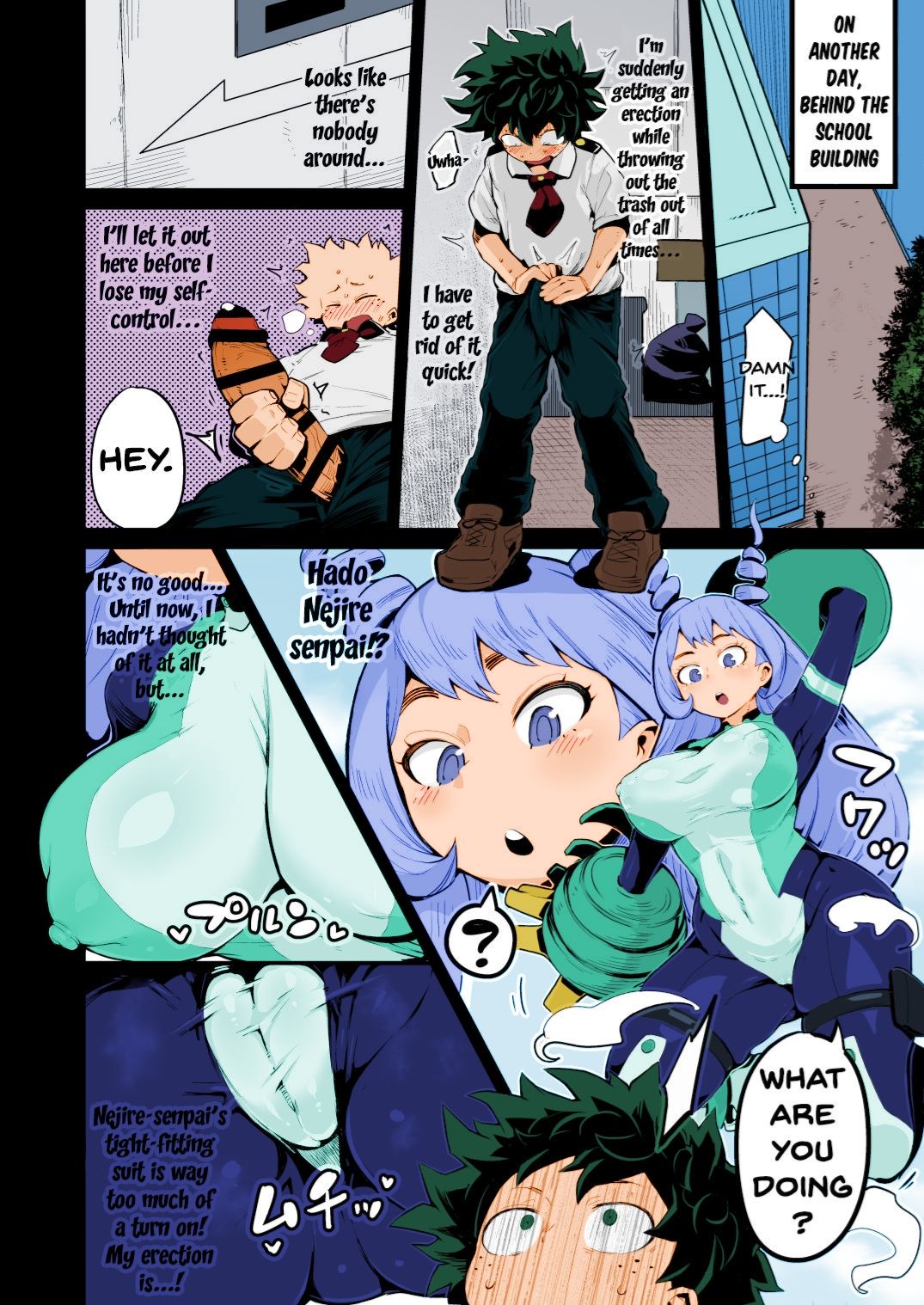 1boy1girl armpits ass_bigger_than_head blue_eyes blue_hair blush blush_lines breasts_bigger_than_head censor_bar censored censored_penis color curved cute_face deku dialogue dialogue_box doujin doujinshi english_text enormous_ass enormous_breasts enormous_thighs erect_nipples erect_penis erected_nipples erected_penis erection erection_under_clothes flying giant_ass giant_breasts green_hair huge_ass huge_breasts huge_cock innocent innocent_expression interrogation izuku_midoriya large_ass large_breasts large_thighs long_hair masturbating masturbation mind_alteration mind_control my_hero_academia nejire_hado nejire_hado_(hero_outfit) nipples_visible_through_clothing perfect_body pose pussy pussy_lips pussy_visible_through_clothes r-one school_uniform sexy_armpits sexy_pose taken_by_surprise taken_from_behind thighs_bigger_than_head tight_clothing tight_suit yellow_gloves