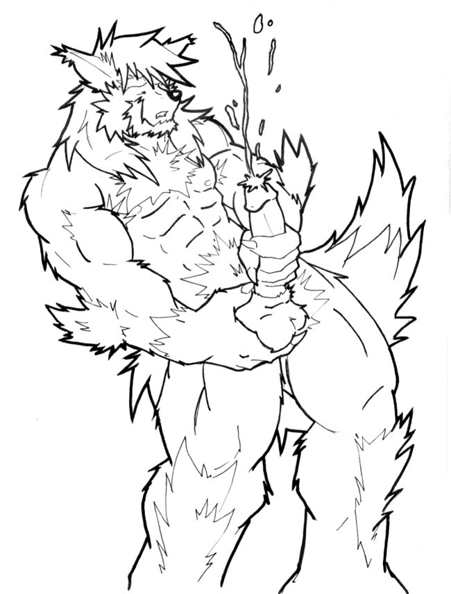 1boy 2005 abs anthro balls biceps canine cum erection fur hair male male_only masturbation muscles nipples orgasm pecs penis rackun sex sketch solo wolf